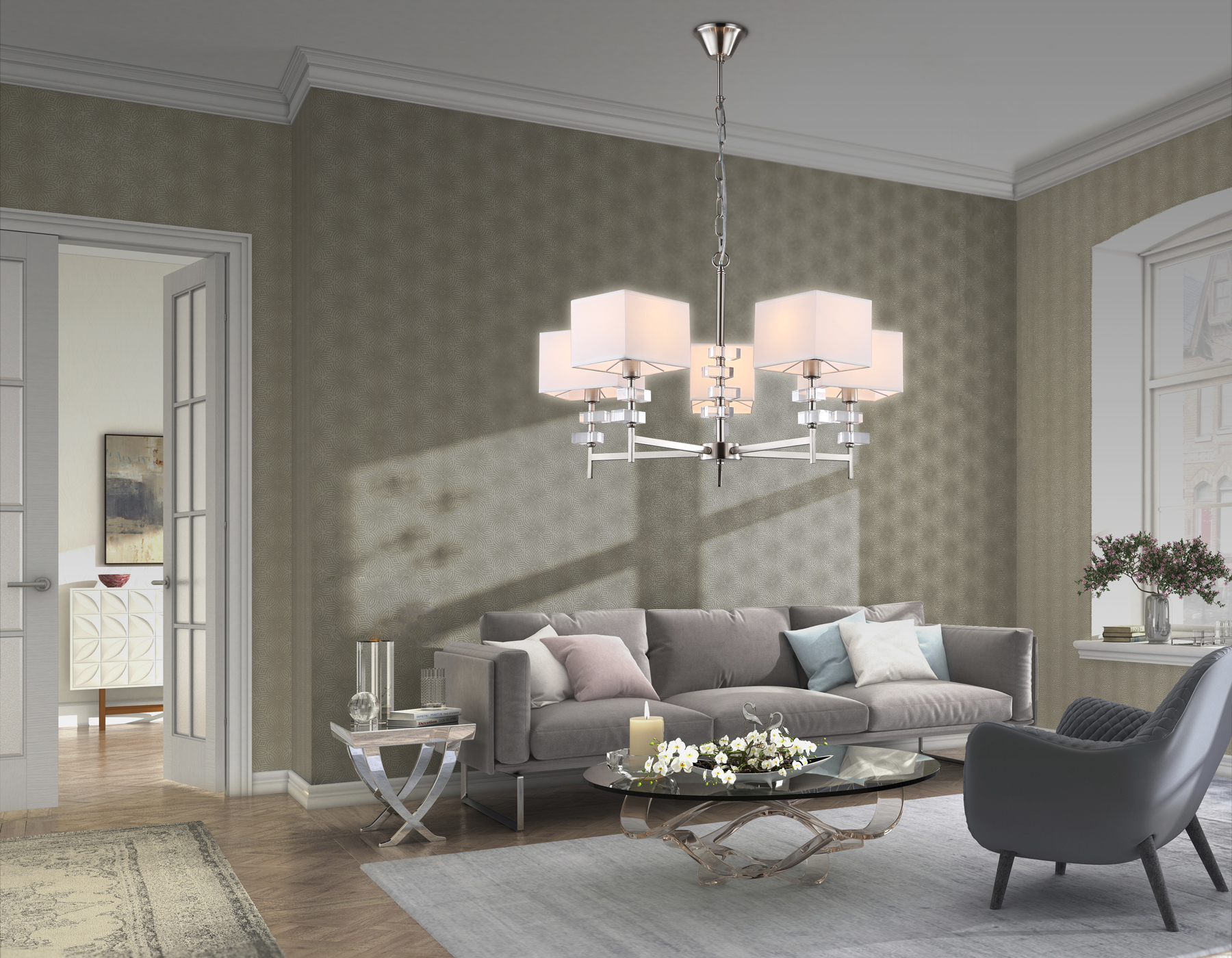 Подвесная люстра с абажурами LH71321/5 SN/WH никель/белый E14/5 max 40W D700*850