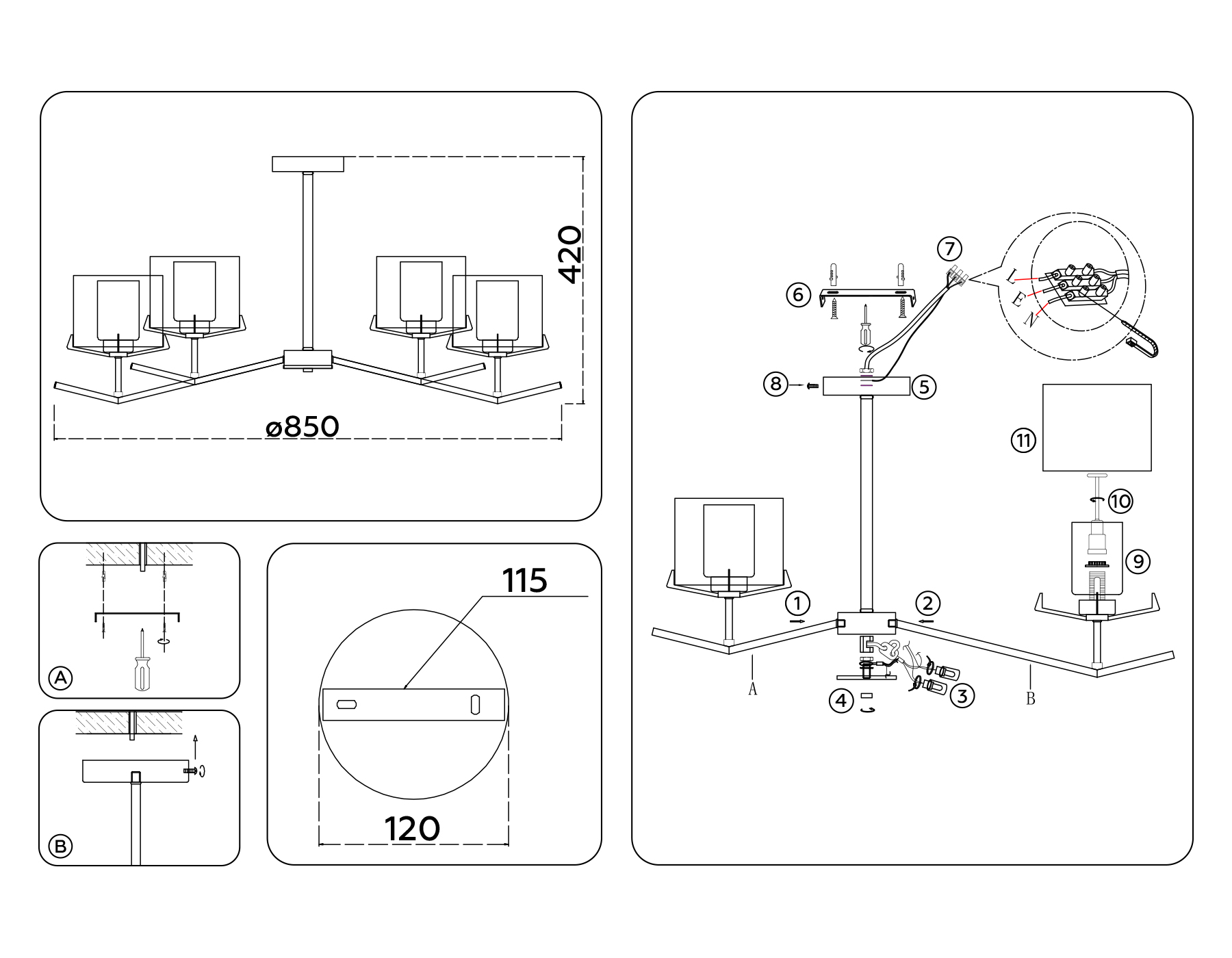 Люстра со стеклянными плафонами на штанге LH57008/6 BS/FR латунь/белый матовый E14/6 max 40W D850*420