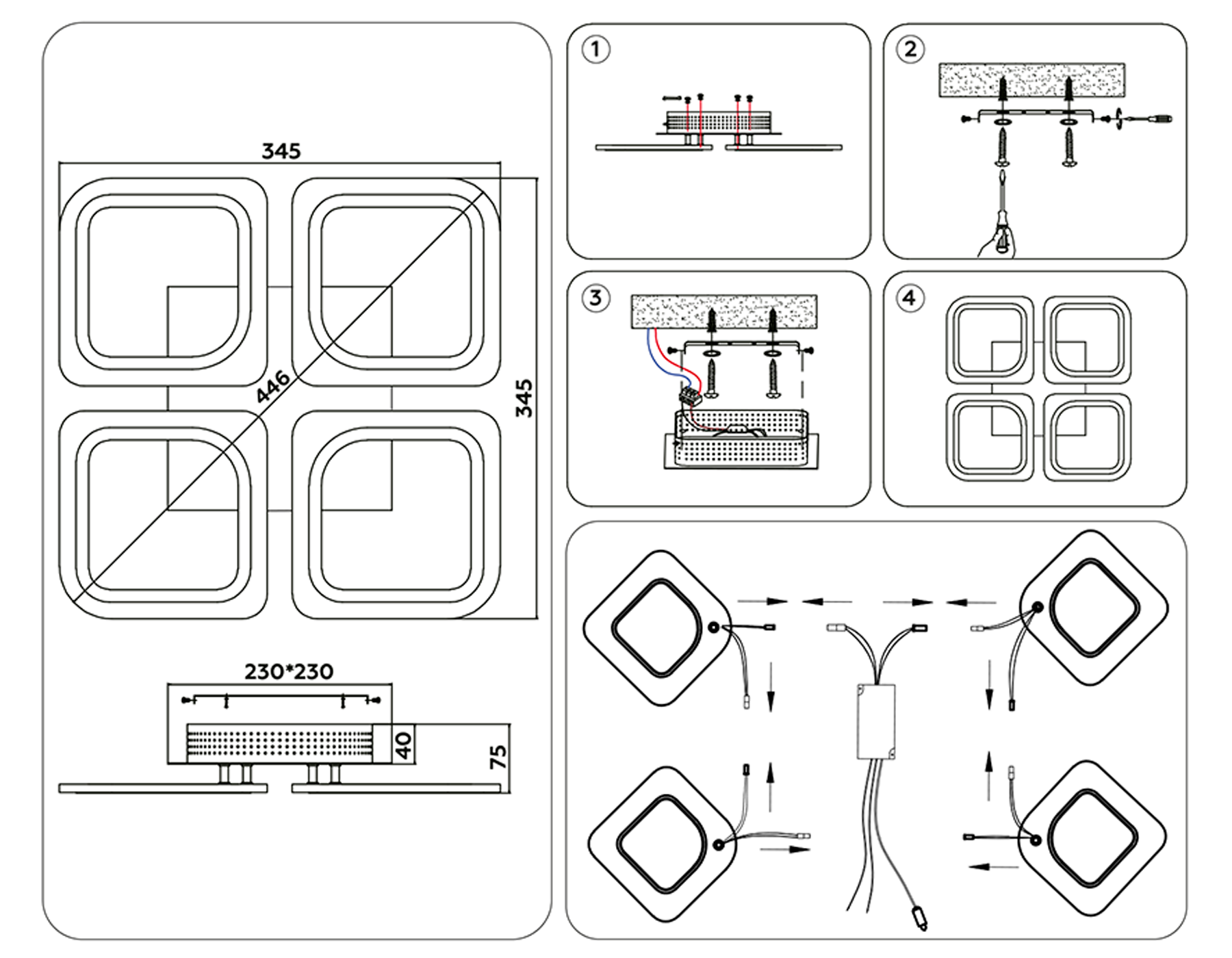 Потолочный светодиодный светильник с пультом FA4371/4 WH белый 4200K/3000K+6400K/6400K+3000K 45W 345*345*75 (ПДУ ИК)