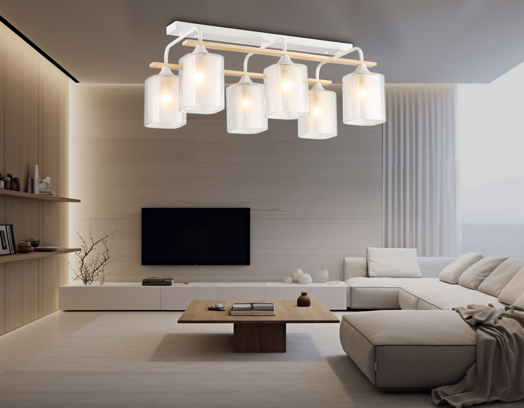 Светильник потолочный со стеклянными плафонами TR3033247/6 WH/WD белый/дерево E27/6 max 60W 580*340*245