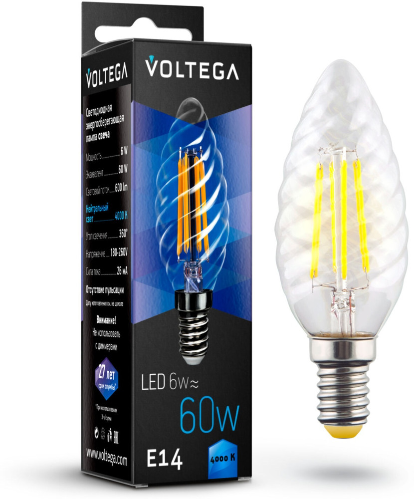 Лампочка светодиодная 4000K 60Lm E14x6W CRYSTAL 7028 (voltega_7028)