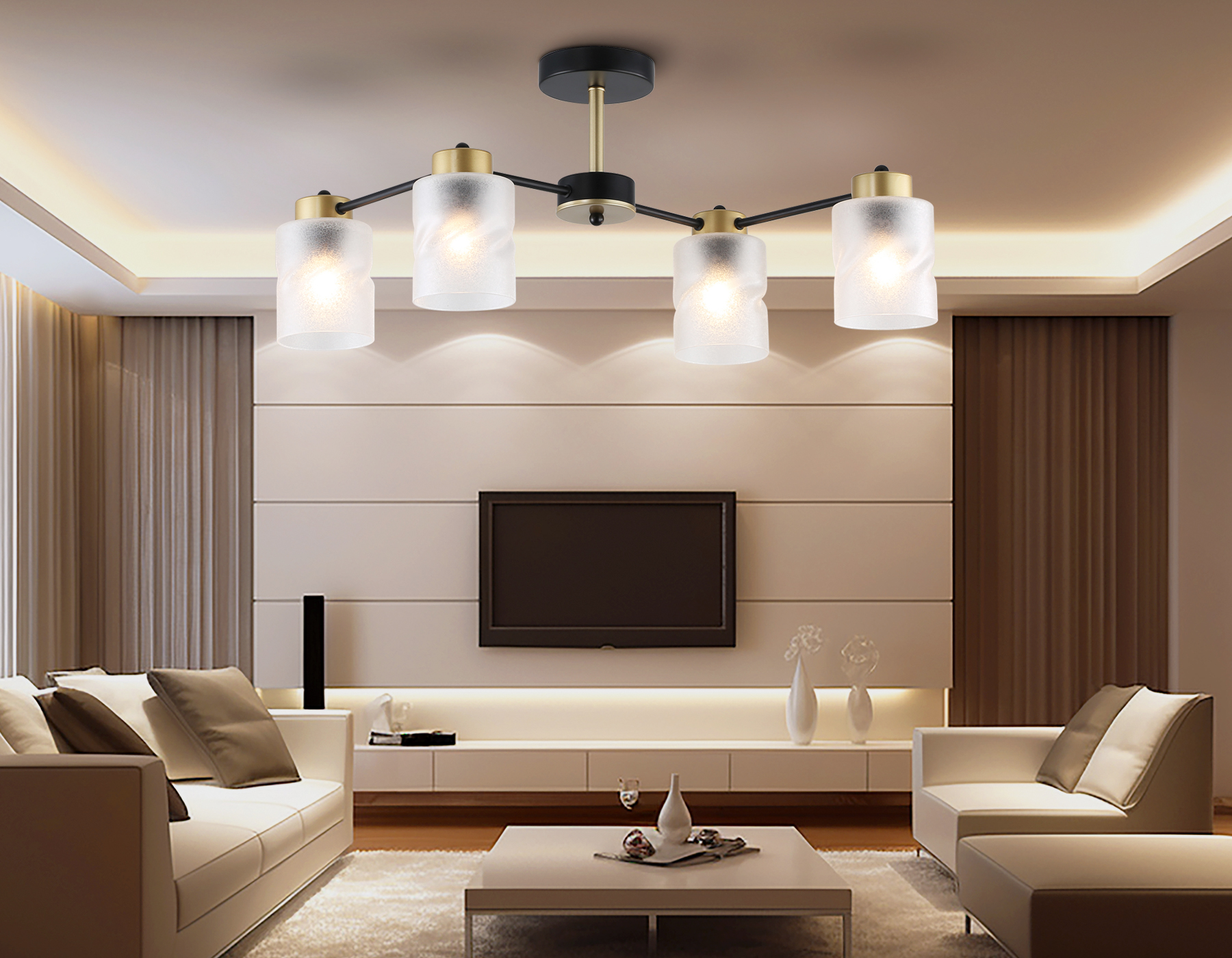 Люстра на штанге со стеклянными плафонами TR303324/4 BK/GD черный/золото E27/4 max 60W 650*290*270