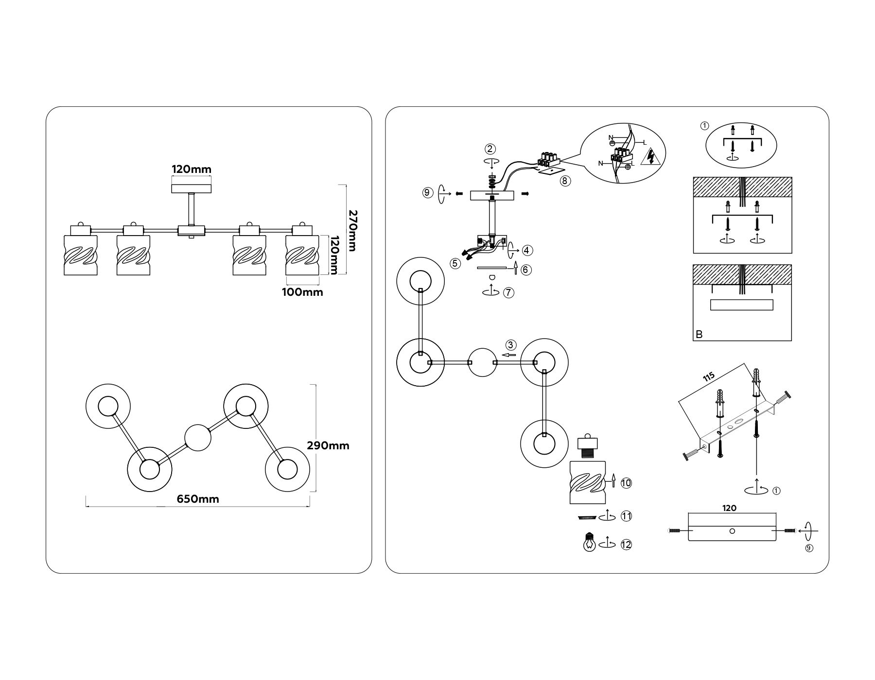 Люстра на штанге со стеклянными плафонами TR303324/4 BK/GD черный/золото E27/4 max 60W 650*290*270