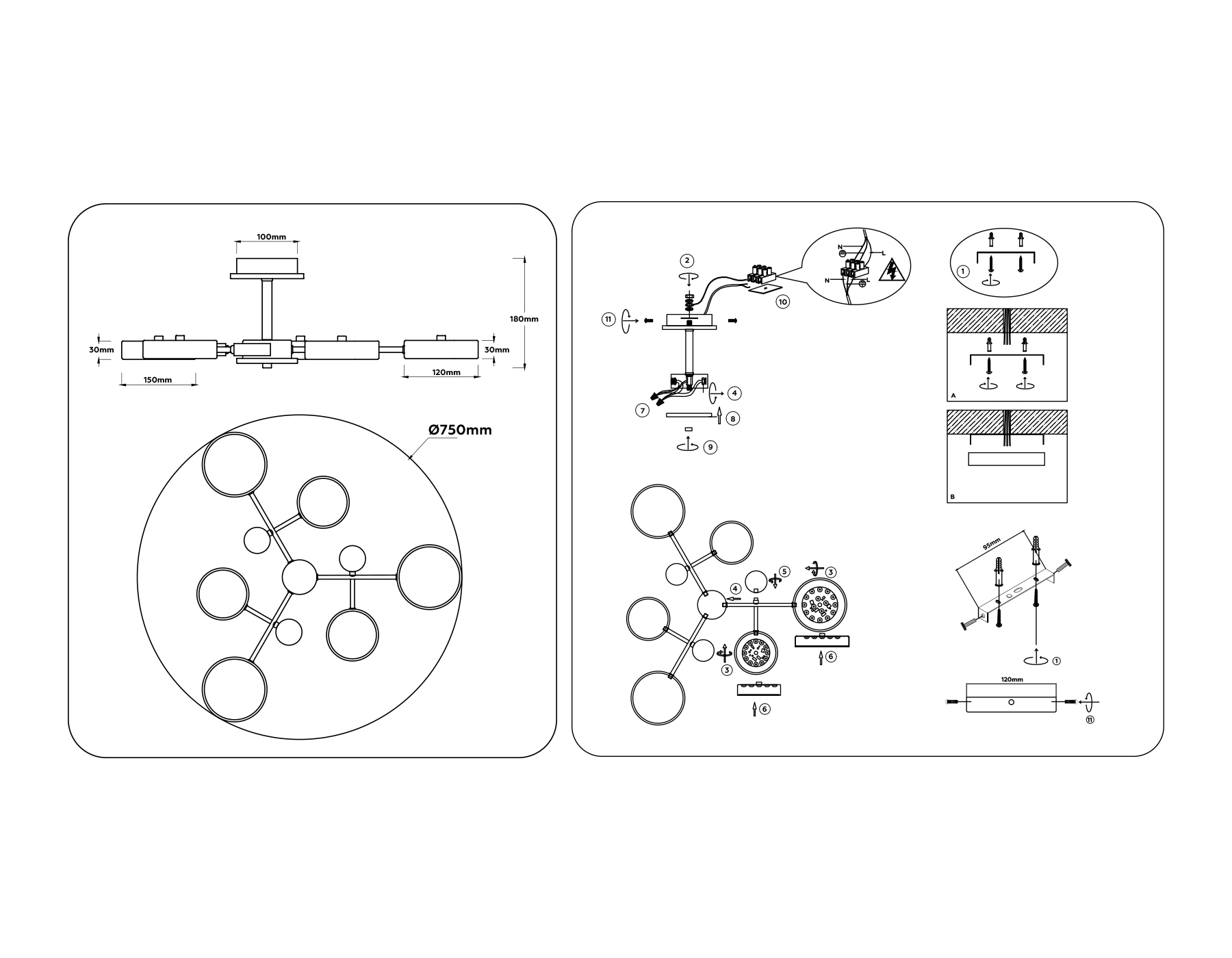 Люстра светодиодная на штанге FL4863/6 BK/WD черный/дерево 90W 3000-6000K D750*180 (без ПДУ)