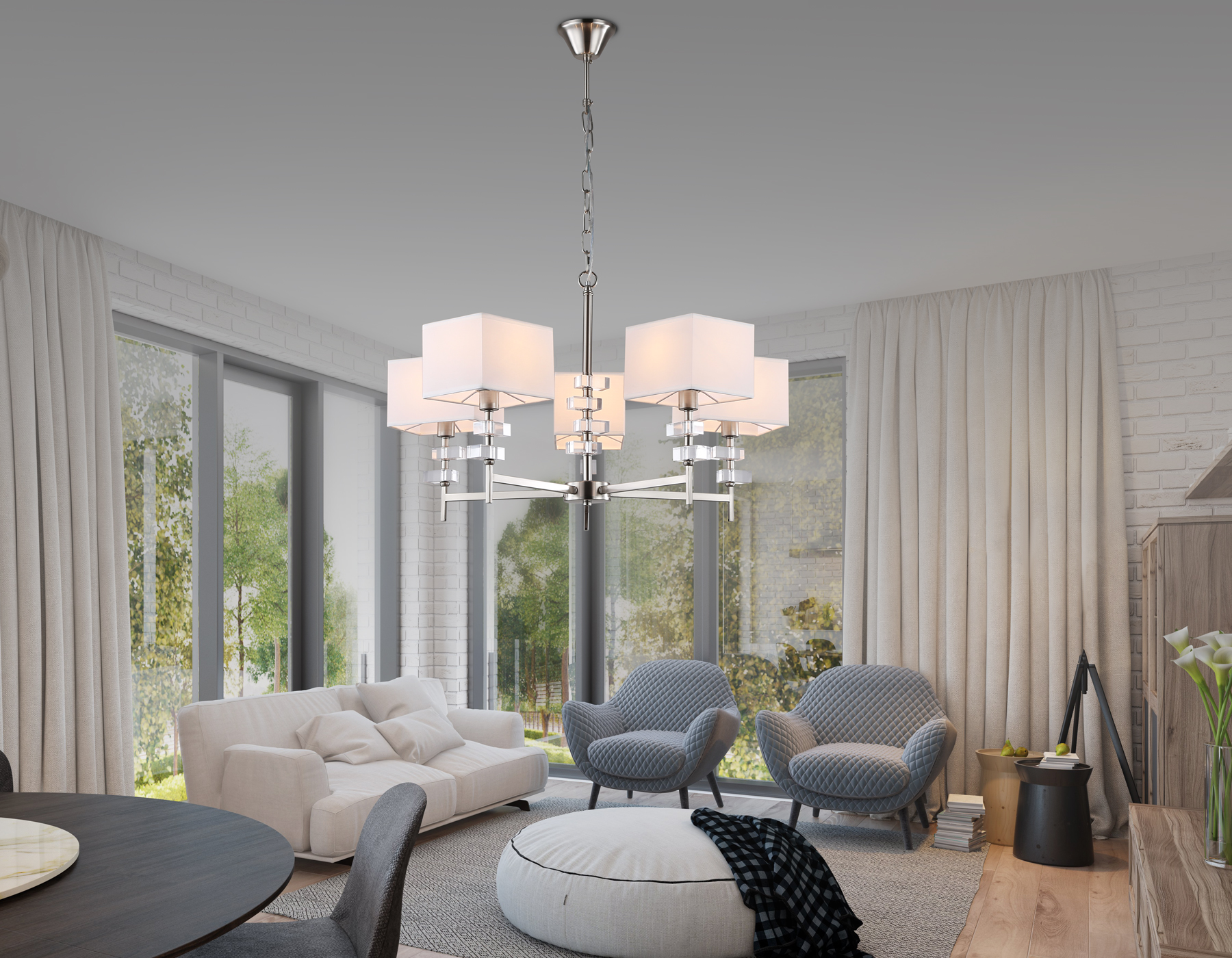 Подвесная люстра с абажурами LH71321/5 SN/WH никель/белый E14/5 max 40W D700*850