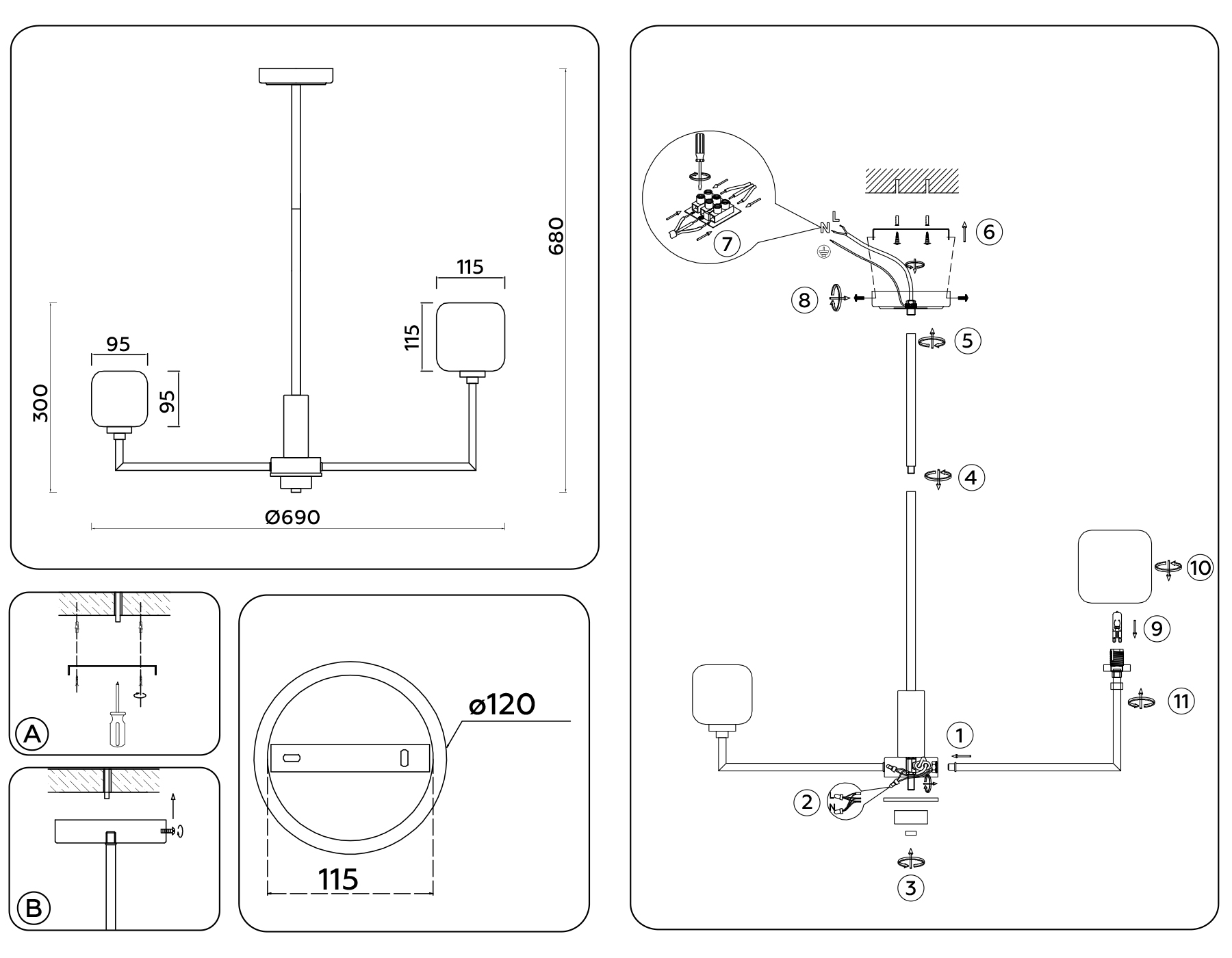Люстра на штанге с мрамором LH53015/6 BS/FR латунь/белый матовый G9*6 max 40W D690*680
