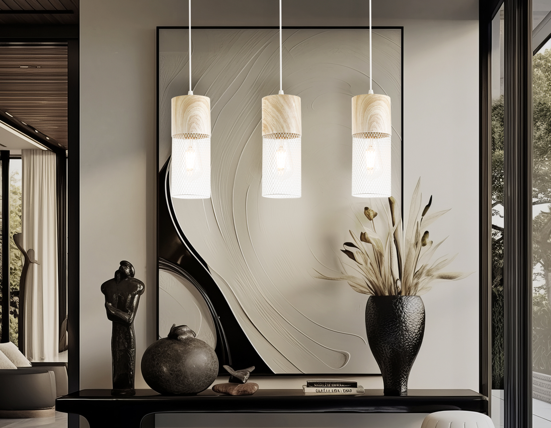 Светильник подвесной TR8499/3 WH/WD белый/дерево E27/3 max 60W 550*100*1000