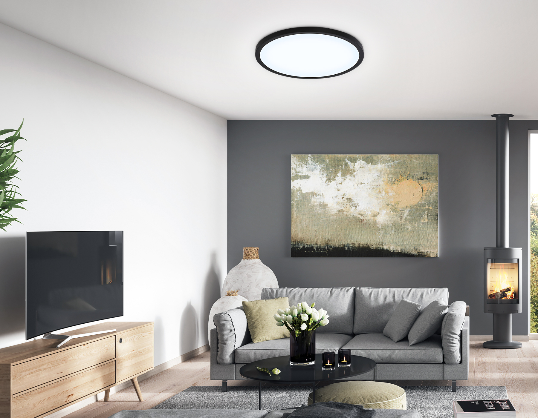 Светильник светодиодный ультратонкий с высокой степенью защиты IP54 FZ1957 BK черный IP54 26W 5000K D370*15 (Без ПДУ)