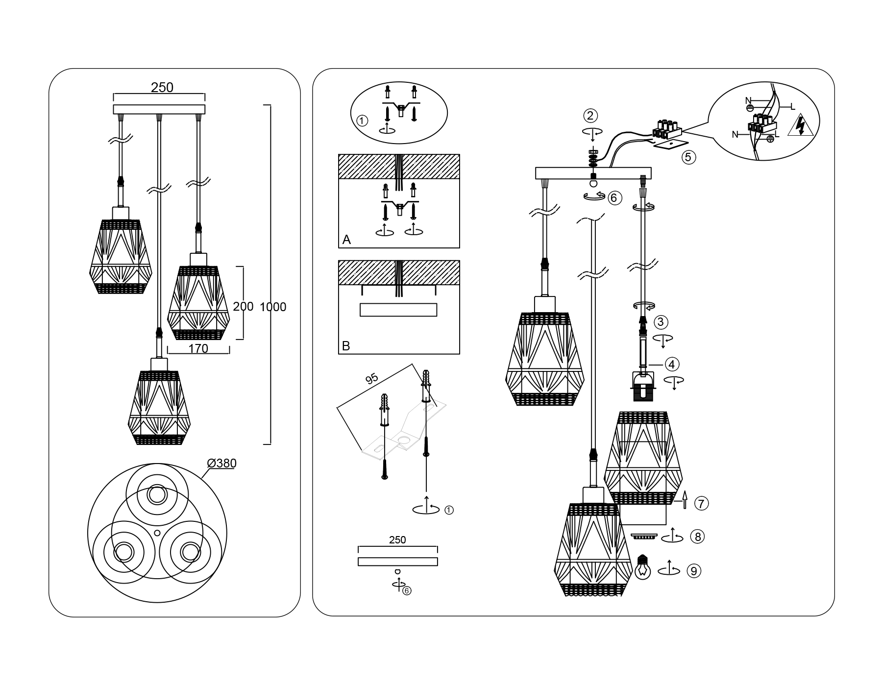 Светильник подвесной в стиле лофт TR8522/3 BK/SB черный/бронза E27/3 max 60W D380*1000