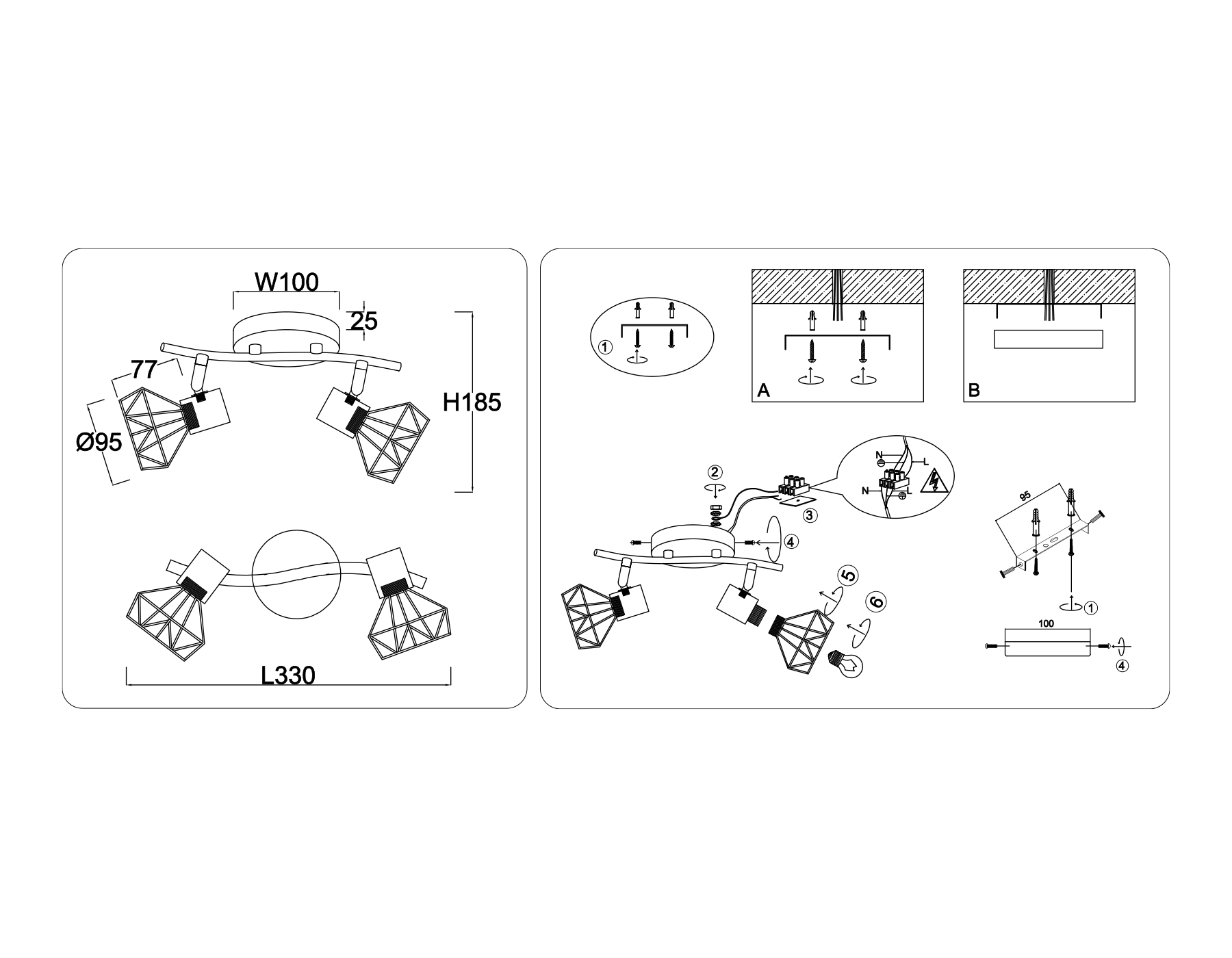 Настенно-потолочный спот в стиле лофт TR8656/2 BK/GD черный/золото E14/2 max 60W 330*100*185