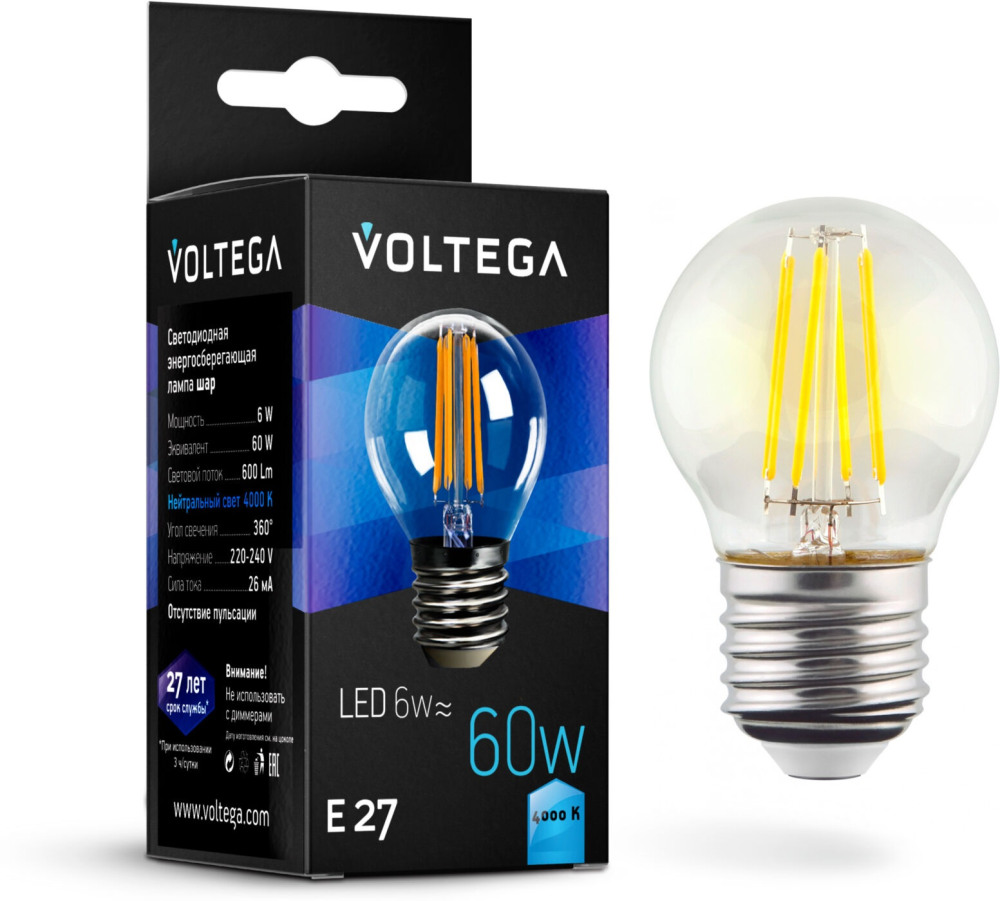 Лампочка светодиодная 4000K 6000Lm E27x6W CRYSTAL 7024 (voltega_7024)