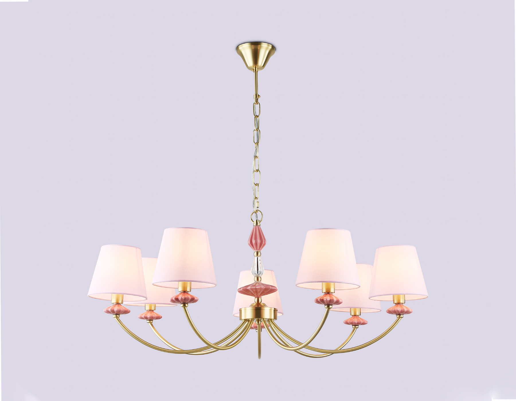 Подвесная люстра с абажуром и декором из керамики LH75025/7 GD/PI золото/розовый E14/7 max 40W D890*800