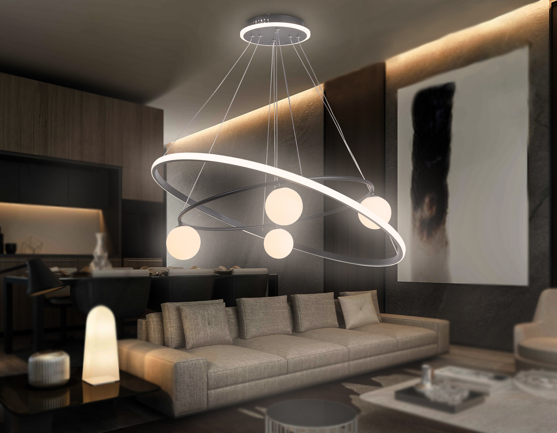 Подвесной светодиодный светильник со сменной лампой и с пультом управления FL66327/1+4 BK черный 92W 3000K-6400K+G9/4 D800/600*1200 (ПДУ ИК)