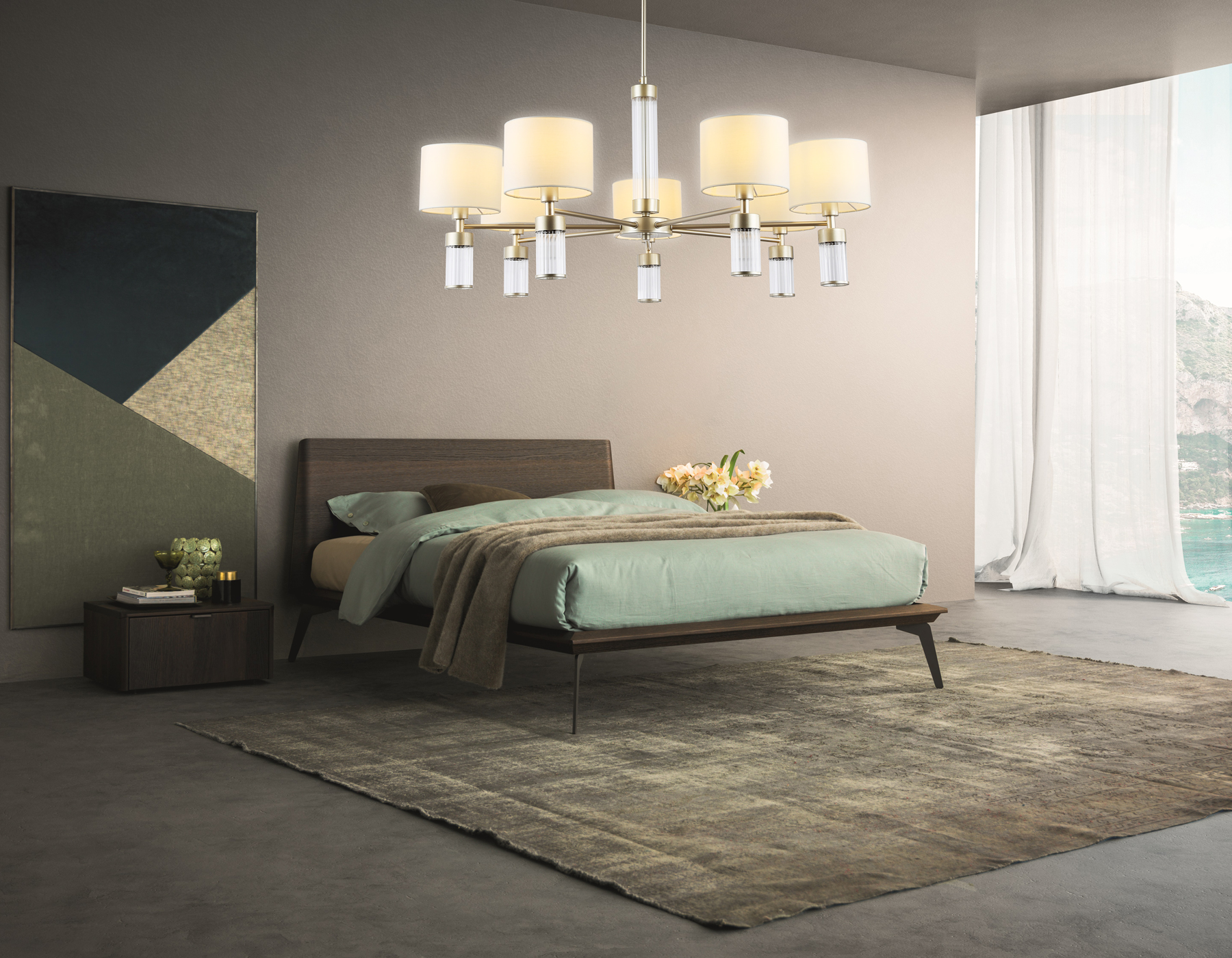 Люстра с абажурами на штанге LH71303/7 CGD/WH золото/белый E14/7 max 40W D860*740