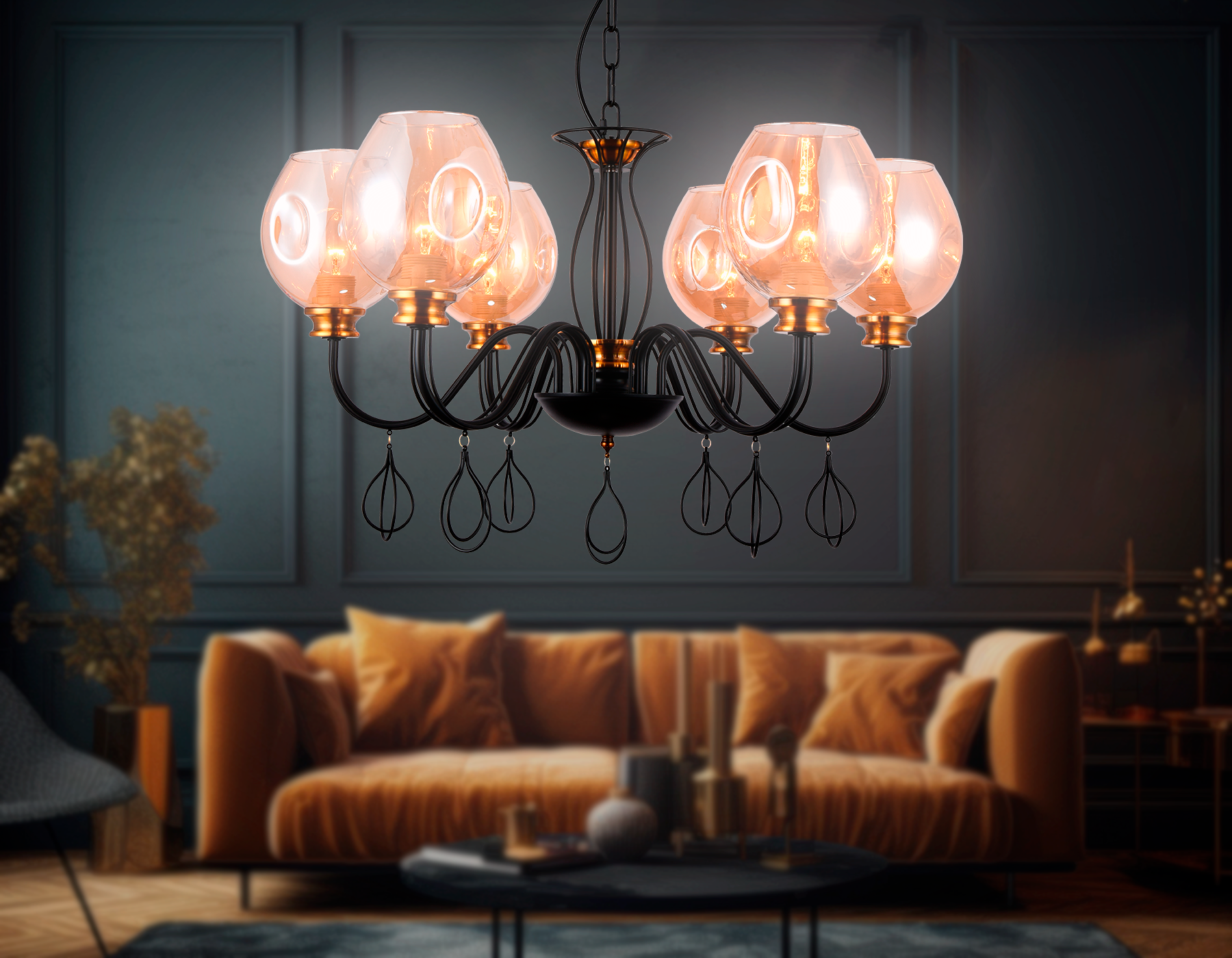 Подвесная люстра TR9055/6 BK/TI черный/янтарь E27 max 40W D700*850