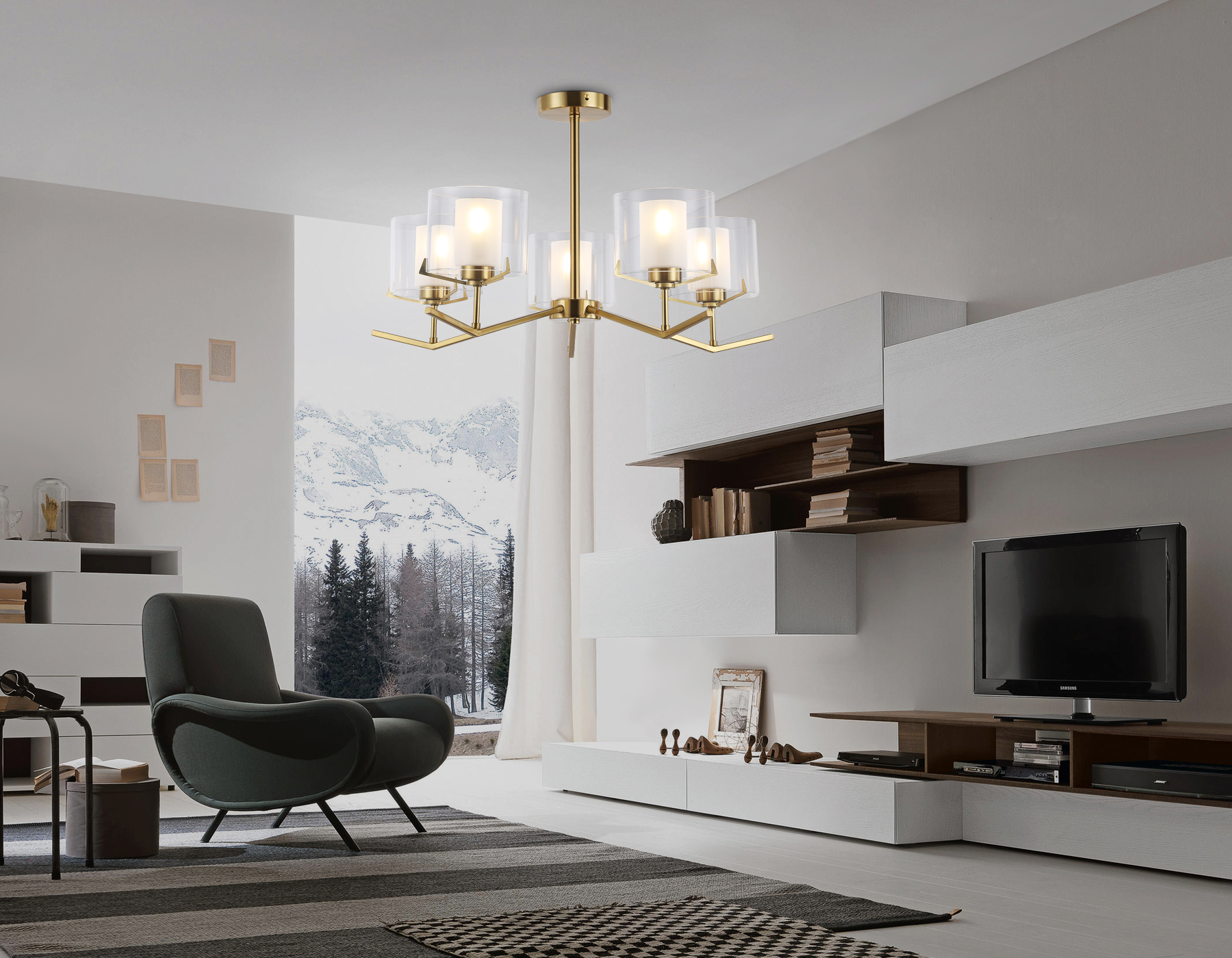 Люстра со стеклянными плафонами на штанге LH57007/5 BS/FR латунь/белый матовый E14/5 max 40W D690*390