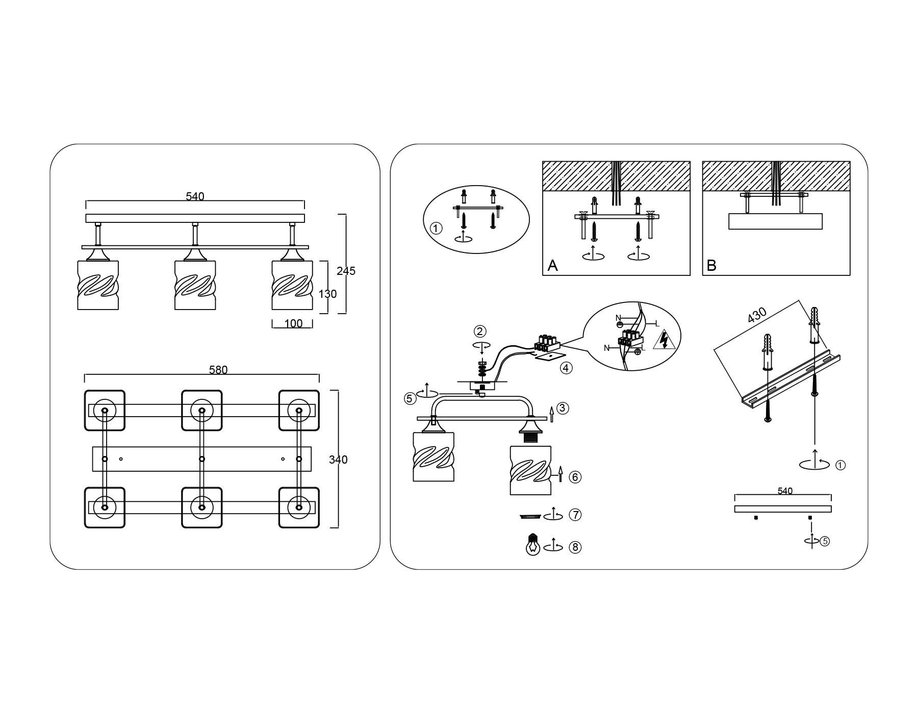 Светильник потолочный со стеклянными плафонами TR3033250/6 BK/WD черный/дерево E27/6 max 60W 580*340*245