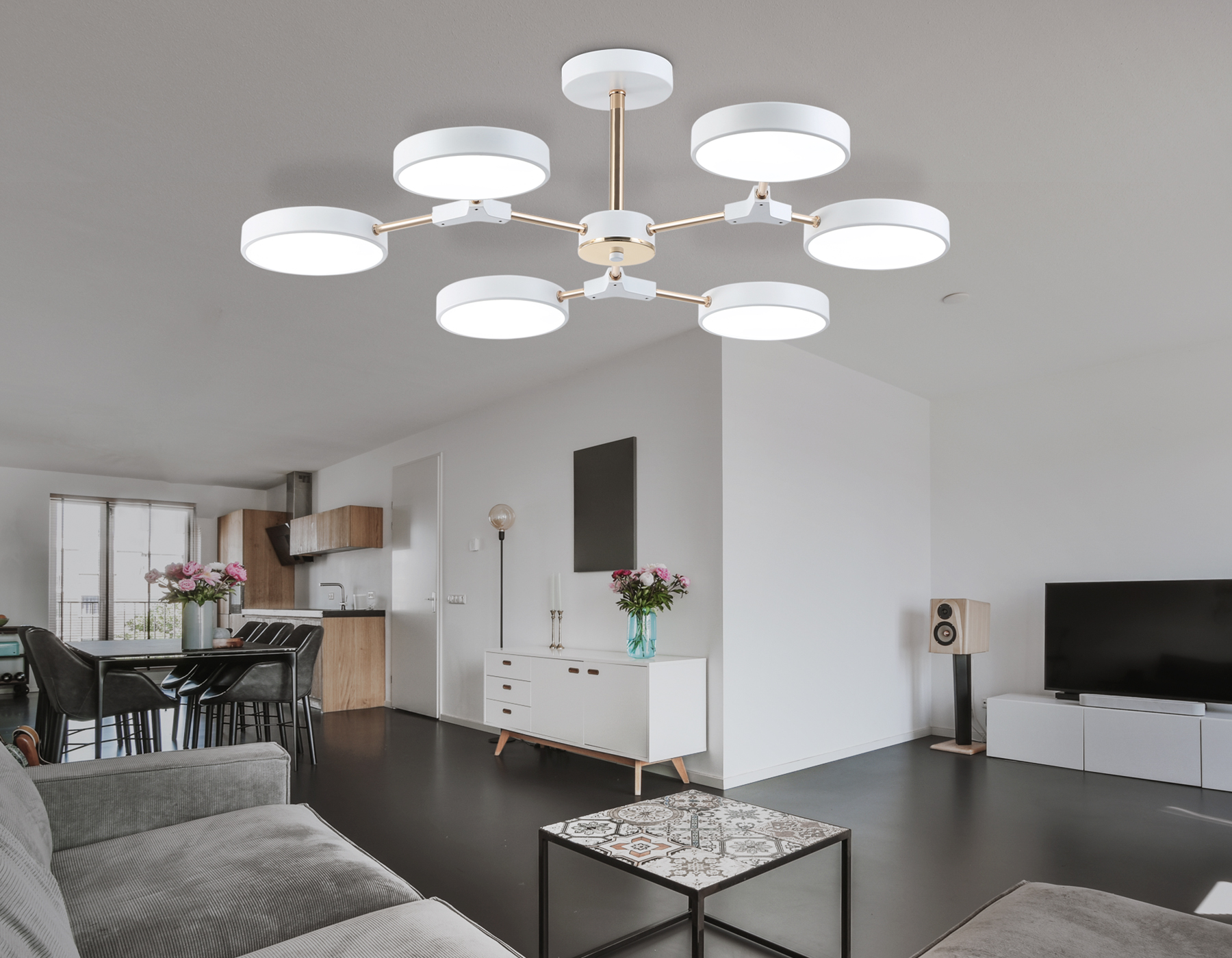 Люстра светодиодная на штанге FL516333/6 WH/FGD белый/золото 108W 3000-6000K D780*210 (без ПДУ)