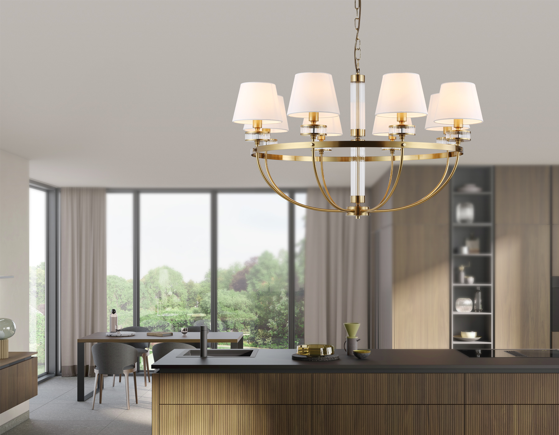 Подвесная люстра с абажурами LH71253/8 BS/WH латунь/белый E14/8 max 40W D870*990