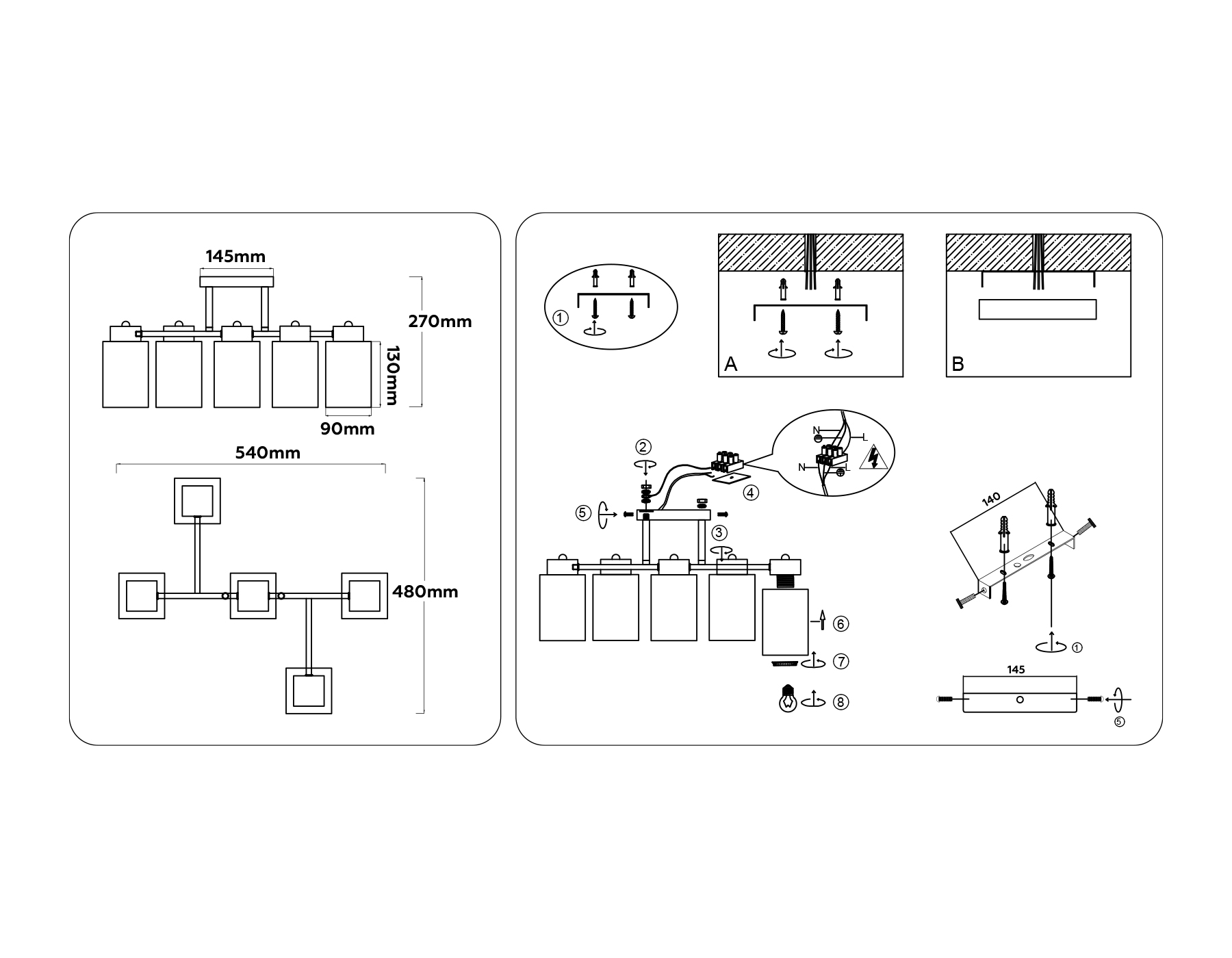 Люстра на штанге со стеклянными плафонами TR303048/5 BK/GD черный/золото E27/5 max 60W 540*480*270