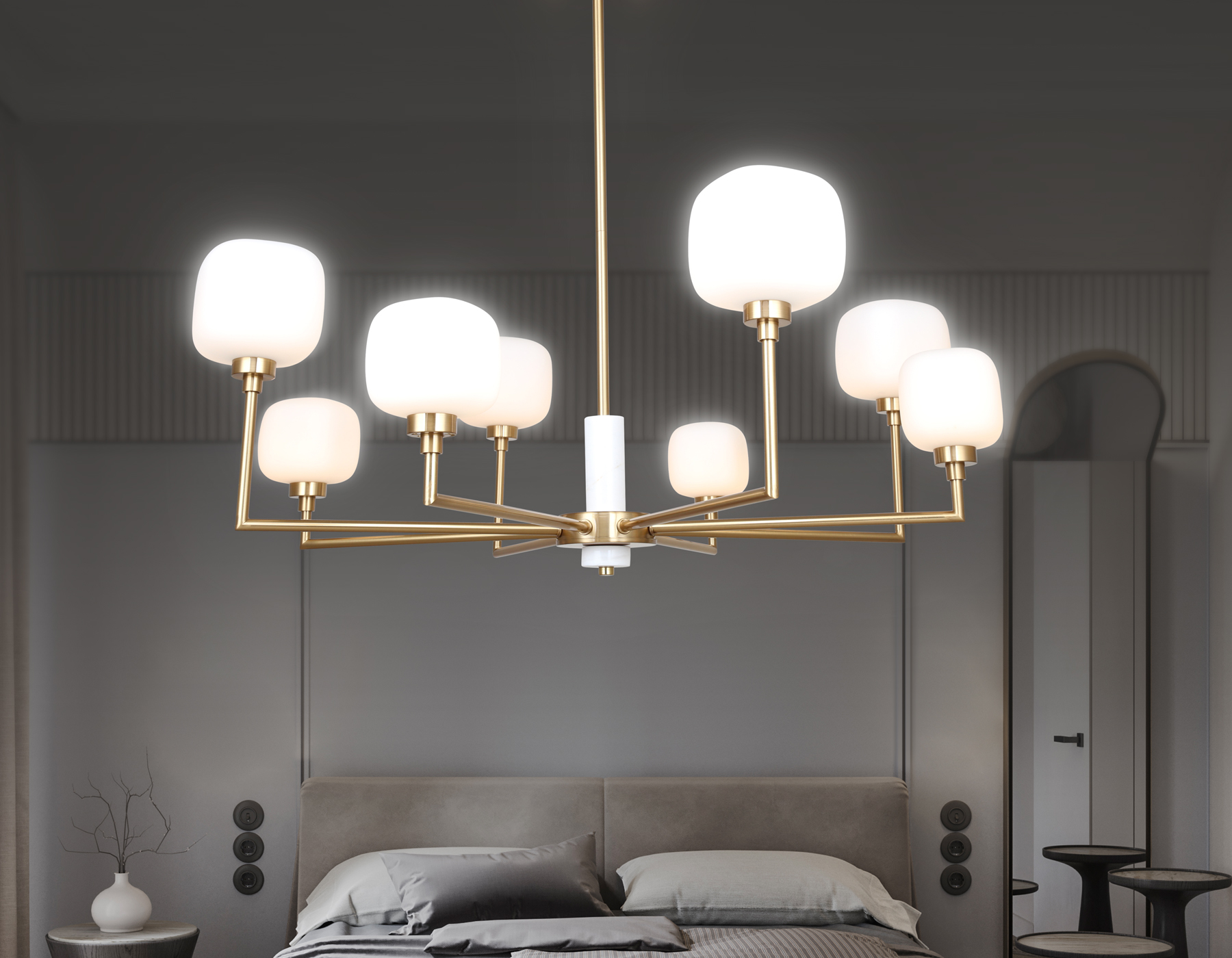 Люстра на штанге с мрамором LH53017/8 BS/FR латунь/белый матовый G9*8 max 40W D830*680