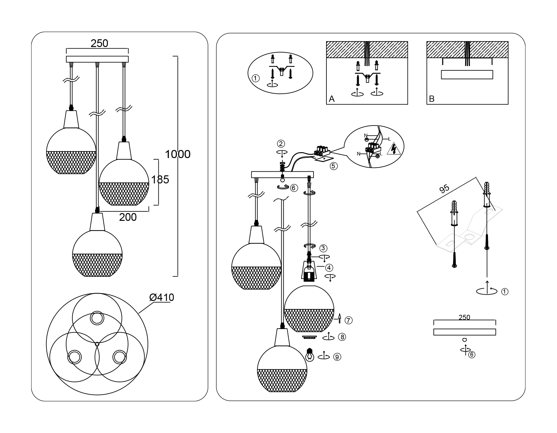 Светильник подвесной TR8503/3 WH/CP белый/медь E27/3 max 60W D410*1000