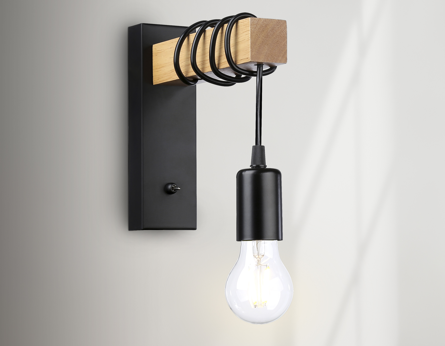 Настенный светильник с выключателем в стиле лофт TR8181 BK/LW черный/светлое дерево E27 max 40W 395*60*210