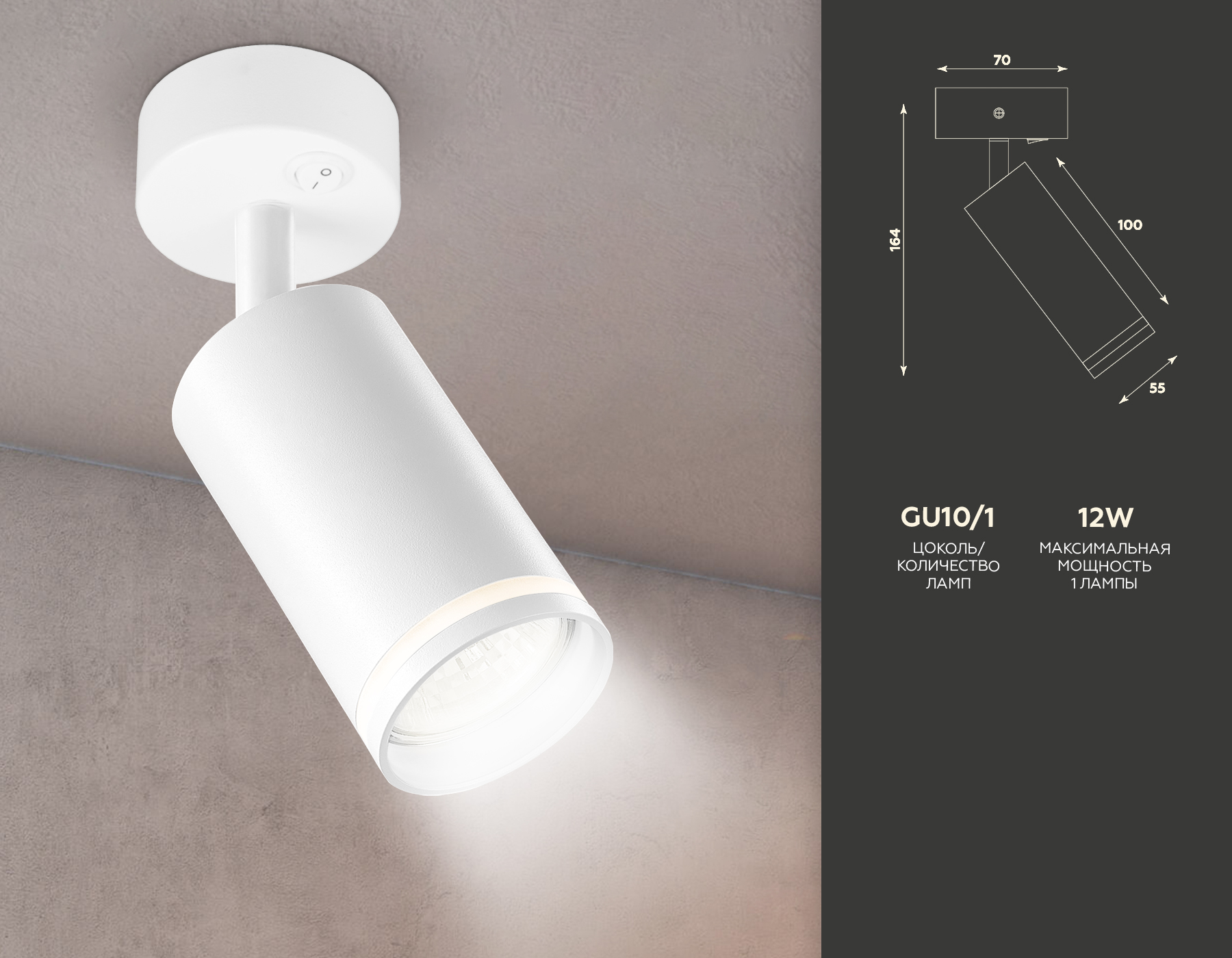 Накладной спот с выключателем TA120 WH белый GU10 max 12W D70*164*D55