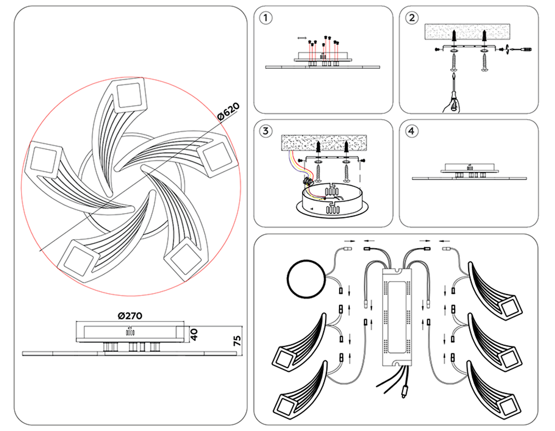 Потолочный светодиодный светильник с пультом FA4478/5 BK черный 90W 3000K+6400K/4200K/6400K+3000K D620*75 (ПДУ ИК)