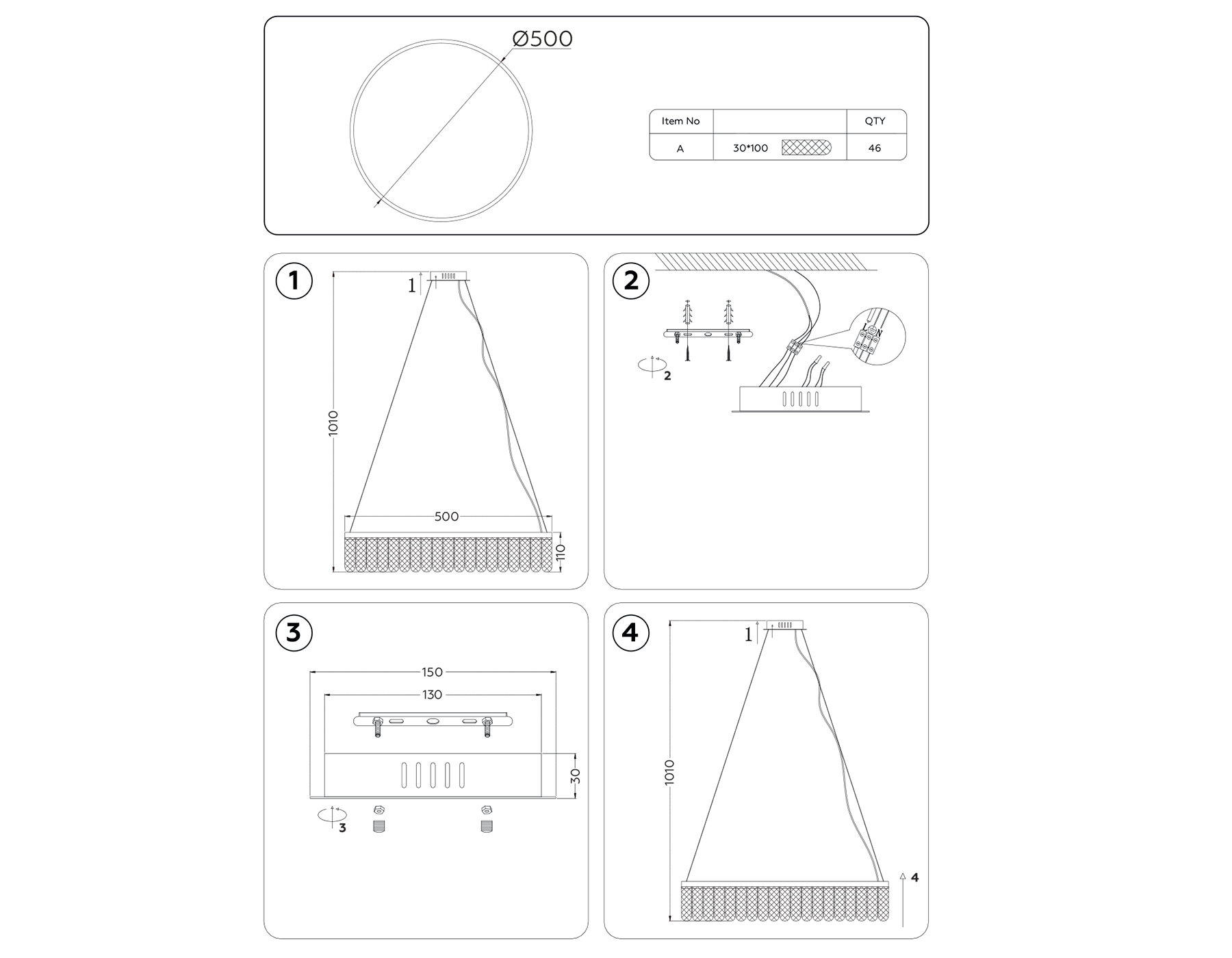 Подвесной светодиодный светильник с хрусталем TR49712 CH хром 34W 3000K/4200K/6400K D500*1010 (Без ПДУ)