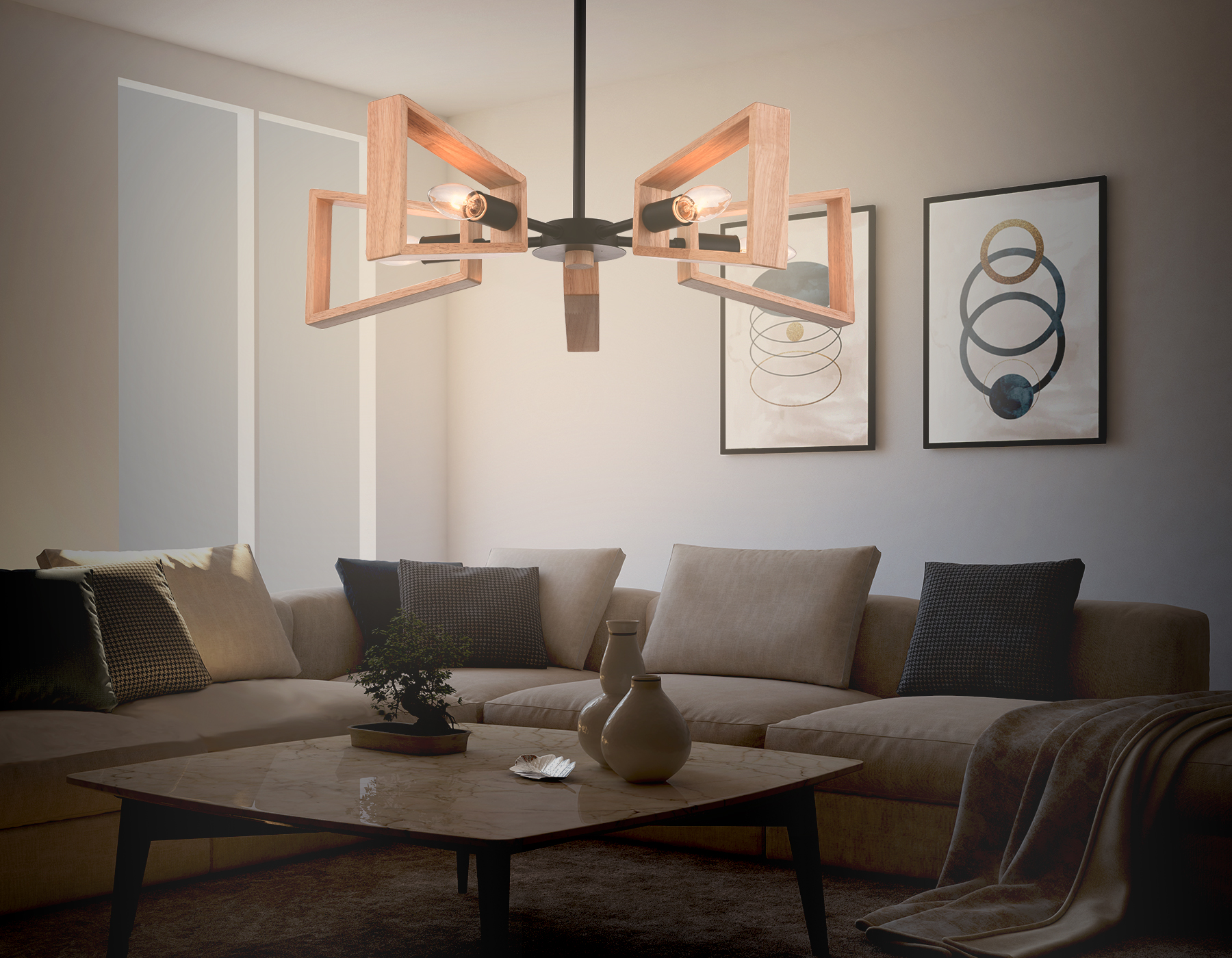 Подвесной светильник в стиле лофт TR80495/5 BK/LW черный/светлое дерево E14/5 max 60W D620*430