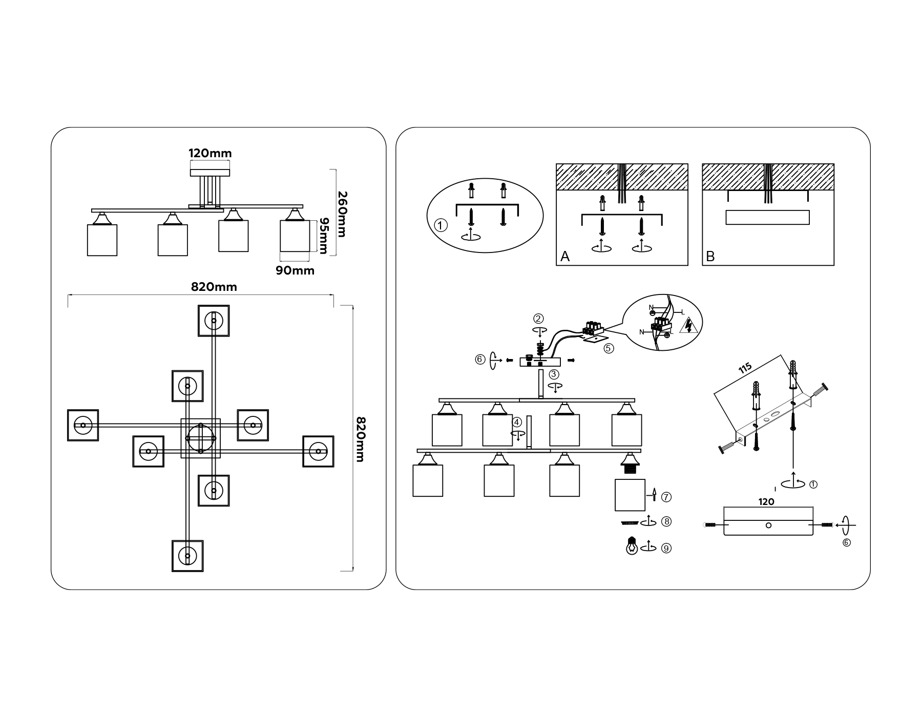 Люстра на штанге со стеклянными плафонами TR303044/8 CP медь E27/8 max 60W 820*820*260