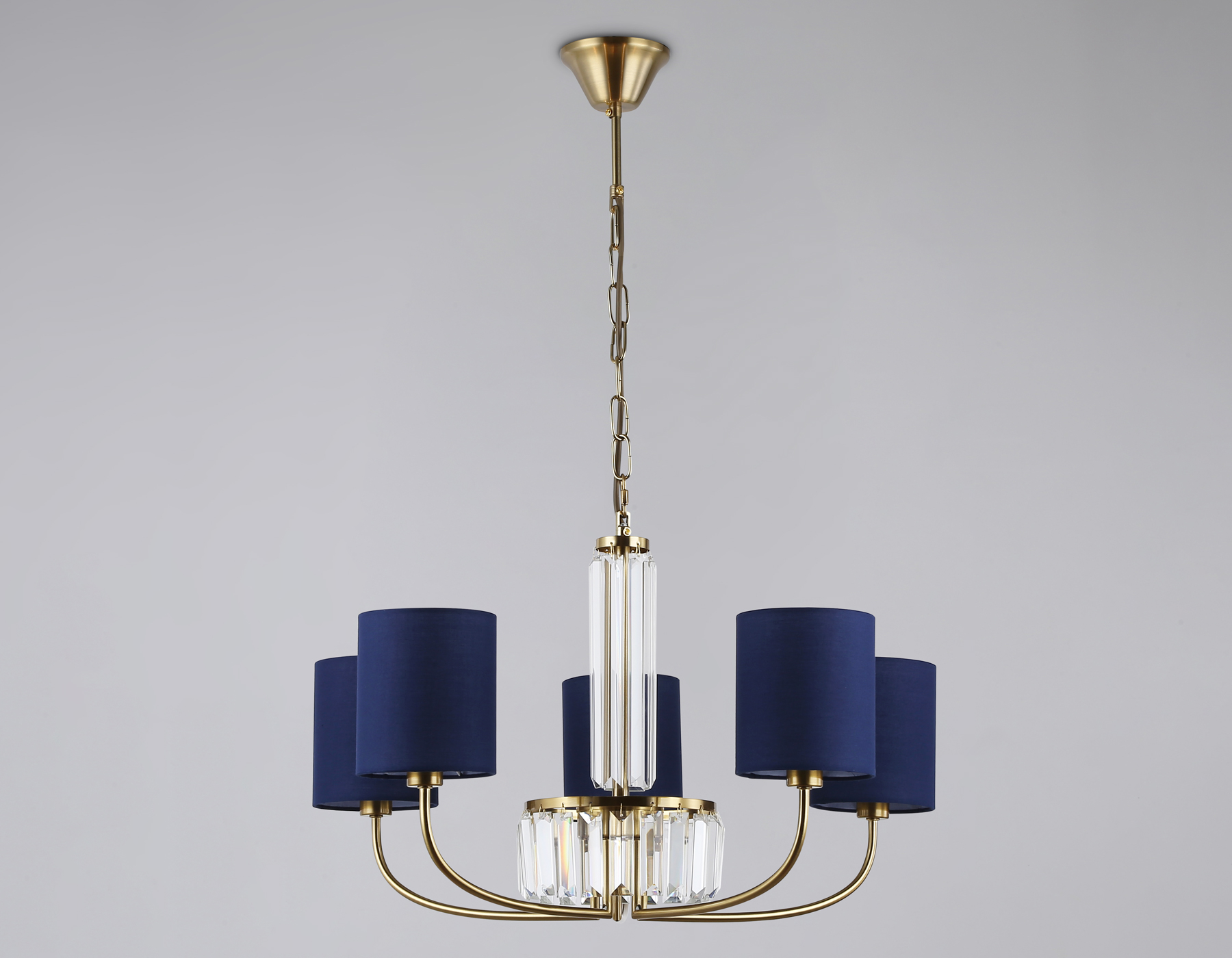 Подвесная люстра с абажурами и хрусталем LH71271/5 BS/DB латунь/темно синий E14/5 max 40W D650*840