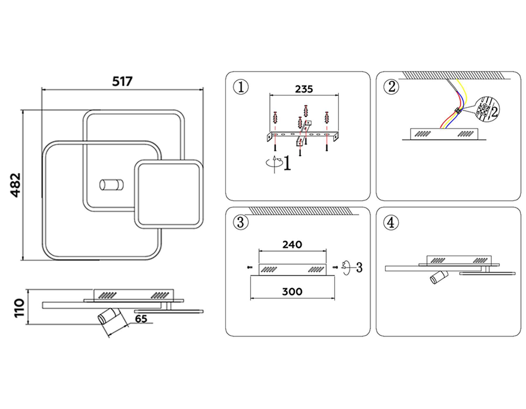 Настенно-потолочный светодиодный светильник с пультом FL5120/3+1 WH/BK 83W белый/черный 3000K/4200K/6400K+4200K 517*482*110 (ПДУ ИК)