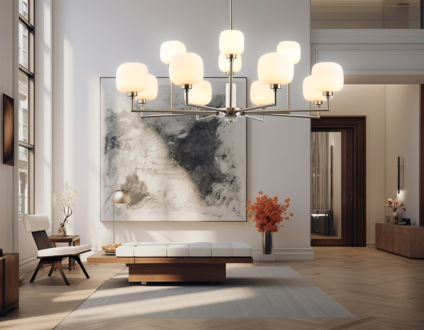 Люстра на штанге с мрамором LH53005/12 SN/FR сатин никель/белый матовый G9*12 max 40W D910*680