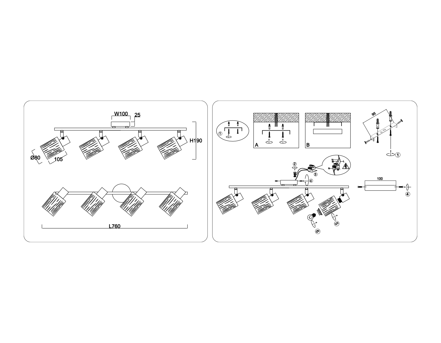 Настенно-потолочный спот в стиле лофт TR8666/4 WH белый E14/4 max 60W 760*100*190