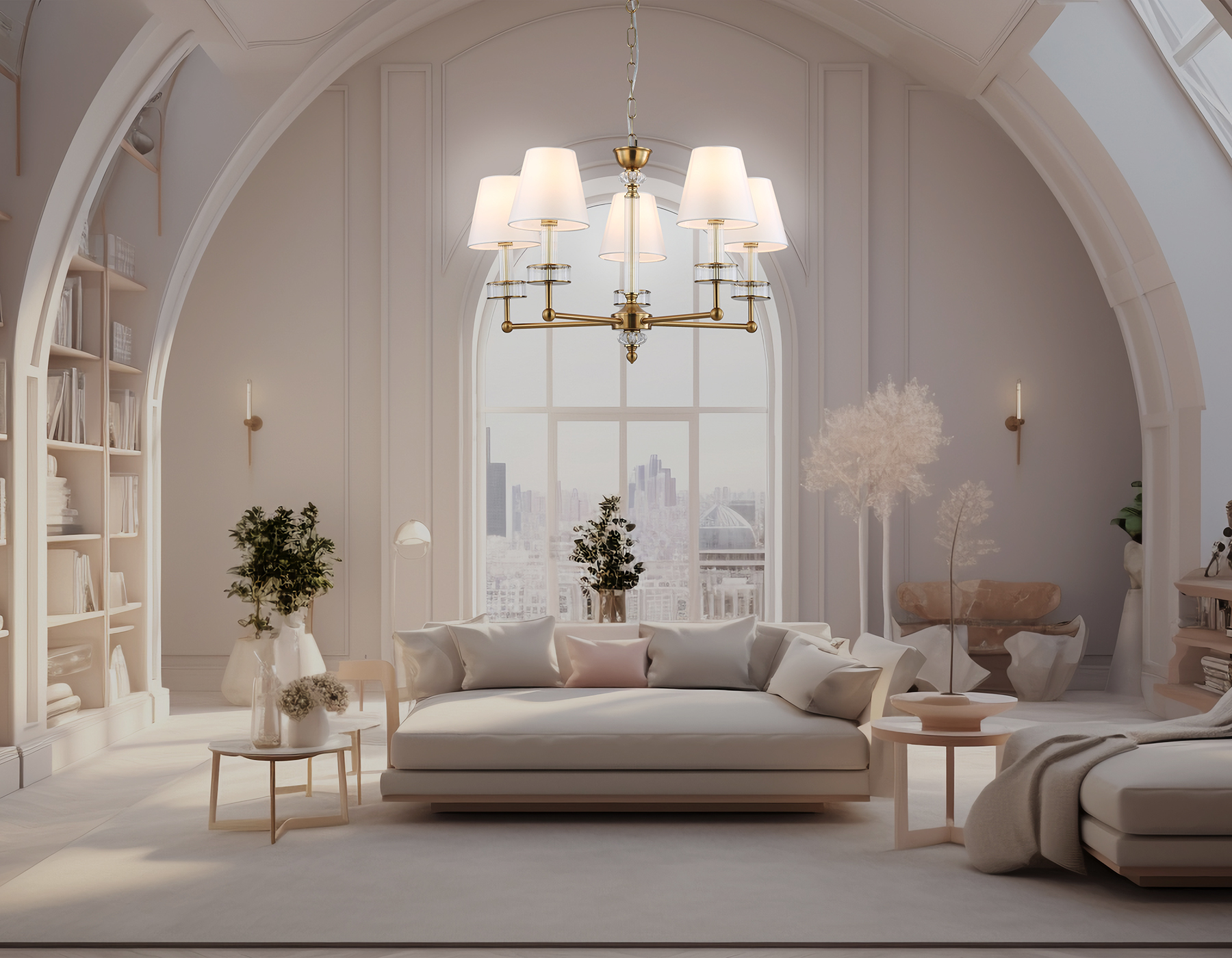 Подвесная люстра с абажурами и хрусталем LH71021/5 BS/WH латунь/белый E14*5 max 40W D670*1130