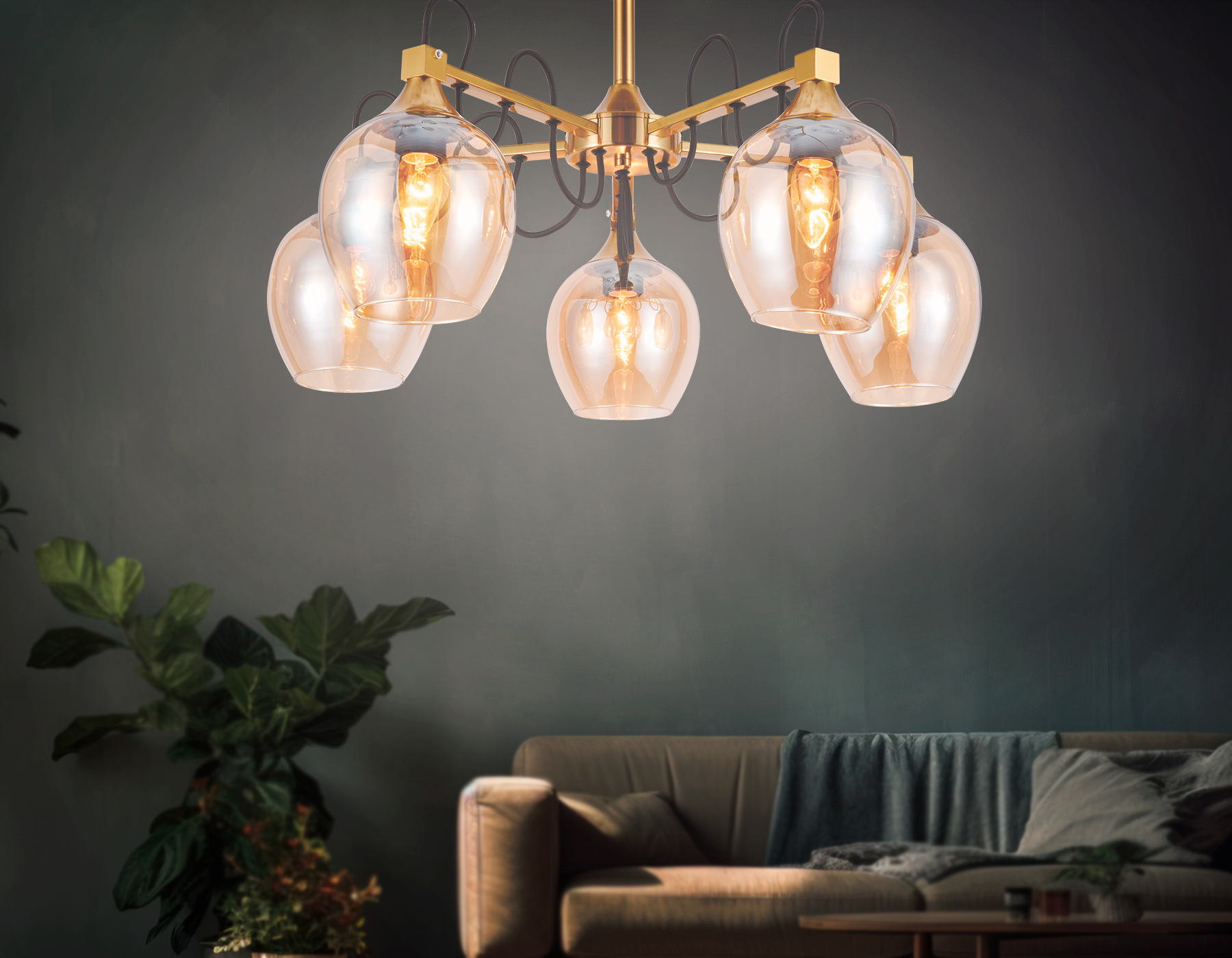 Подвесная люстра со сменными лампами TR9061/5 SB/TI бронза/янтарь E27 max 40W D620*380