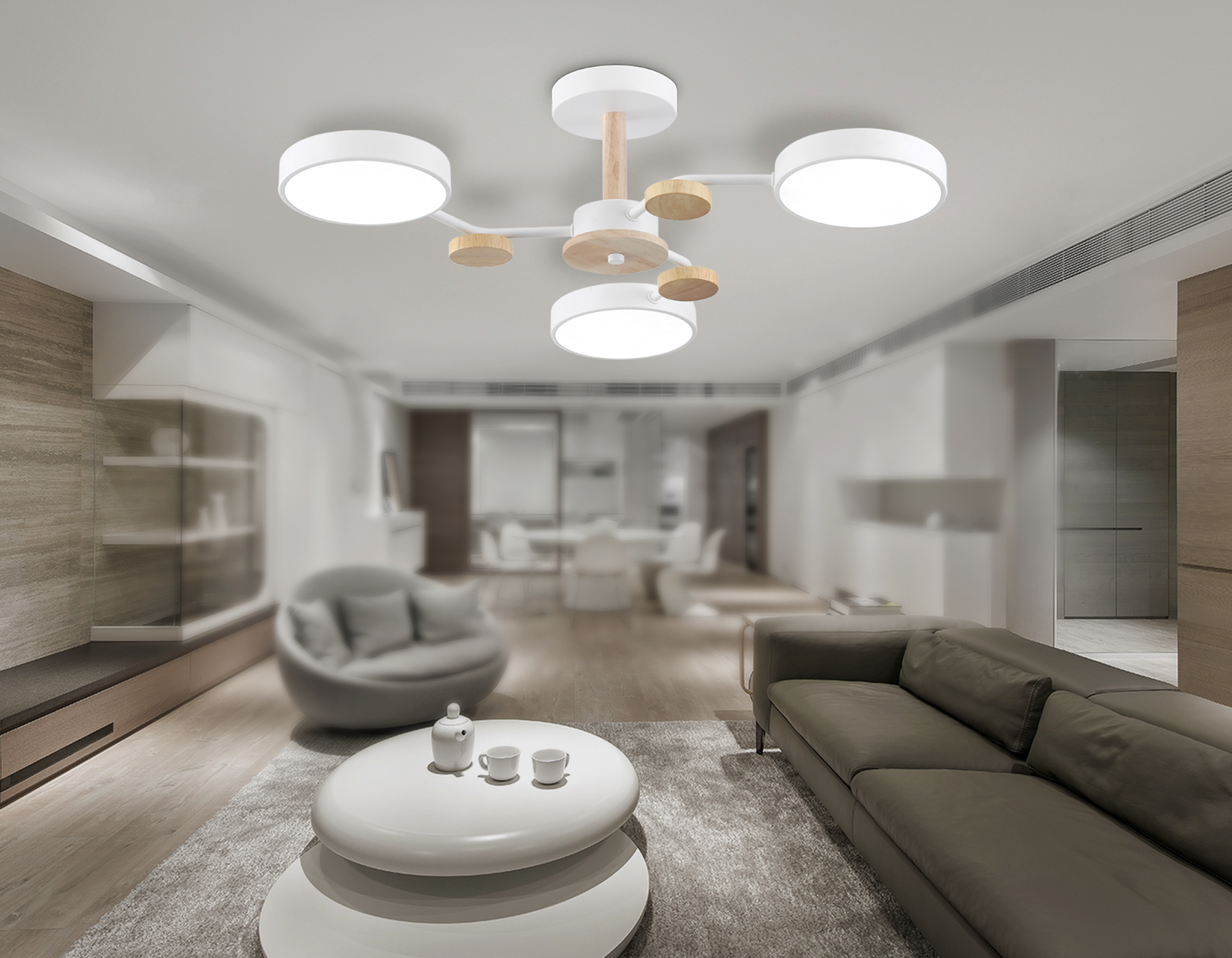 Люстра светодиодная на штанге FL4855/3 WH/WD белый/дерево 54W 3000-6000K D660*170 (без ПДУ)