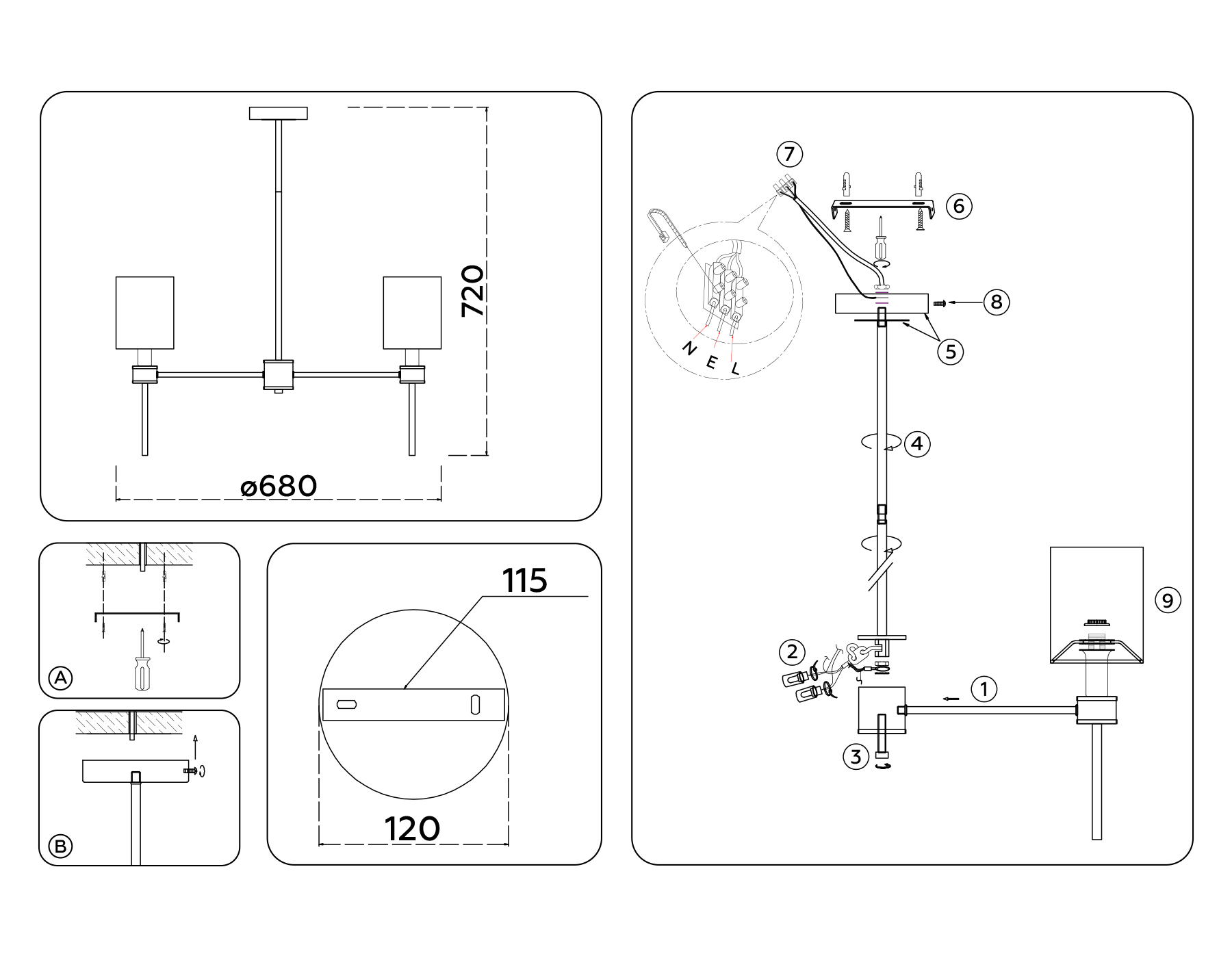 Люстра с абажурами на штанге LH72371/5 DBS/WH темная латунь/белый E14/5 max 40W D680*720