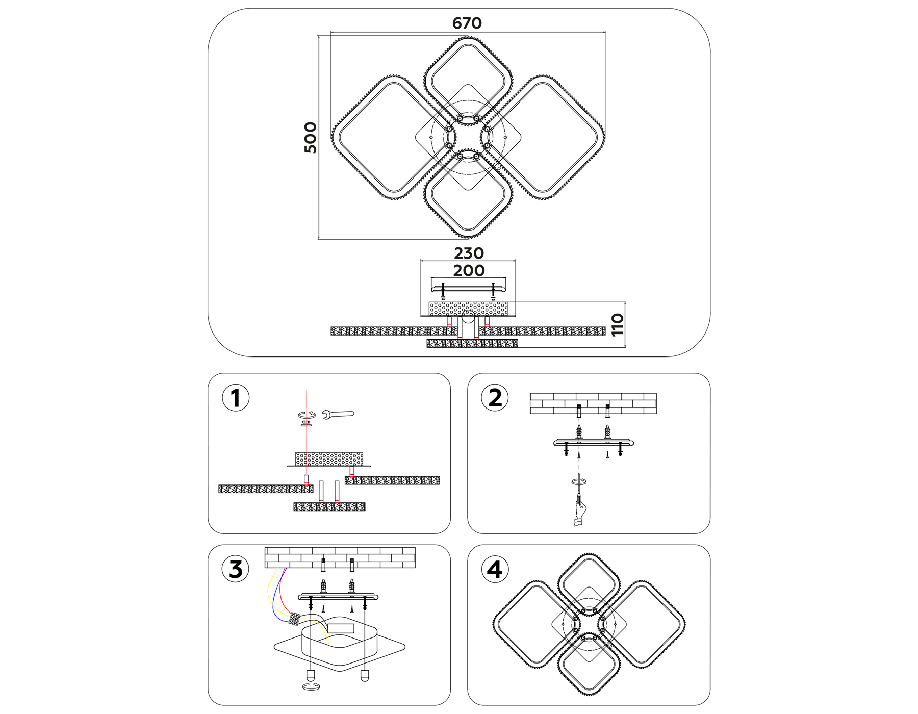 Потолочный светодиодный светильник с пультом FA9541/2+2 WH белый 108W 6400K/3000K 670*500*110 (ПДУ РАДИО 2.4G)