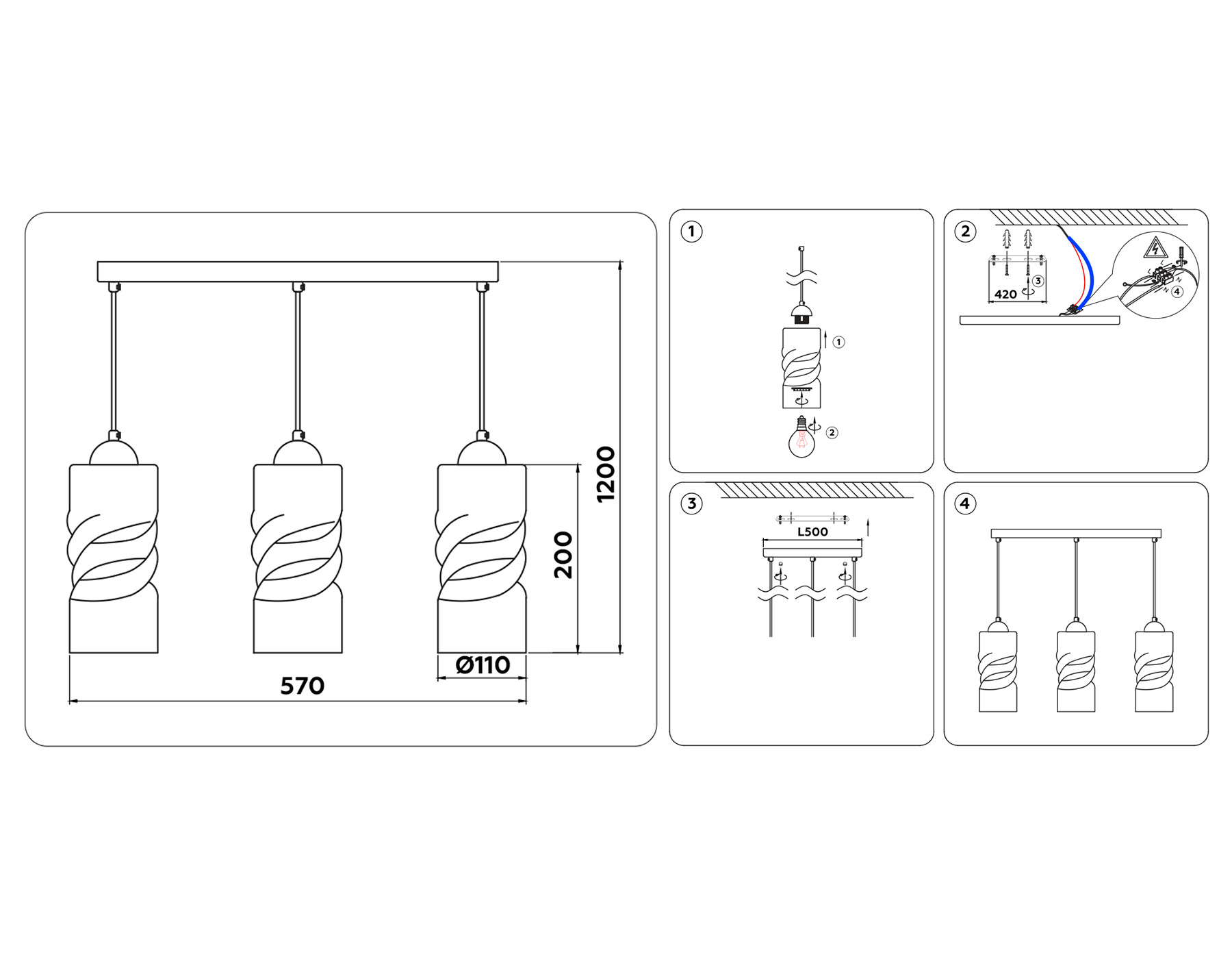 Подвесной светильник TR3556/3 BK/TI черный/янтарь E27 max 40W 570*110*1200