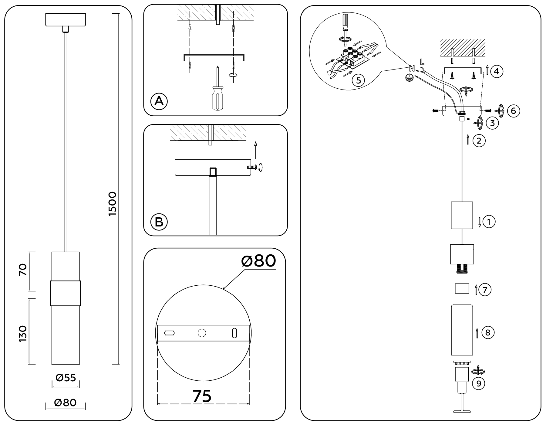 Подвесной светильник LH55101 BK/FR/TI черный/белый матовый/янтарь E14 max 40W D55*1500