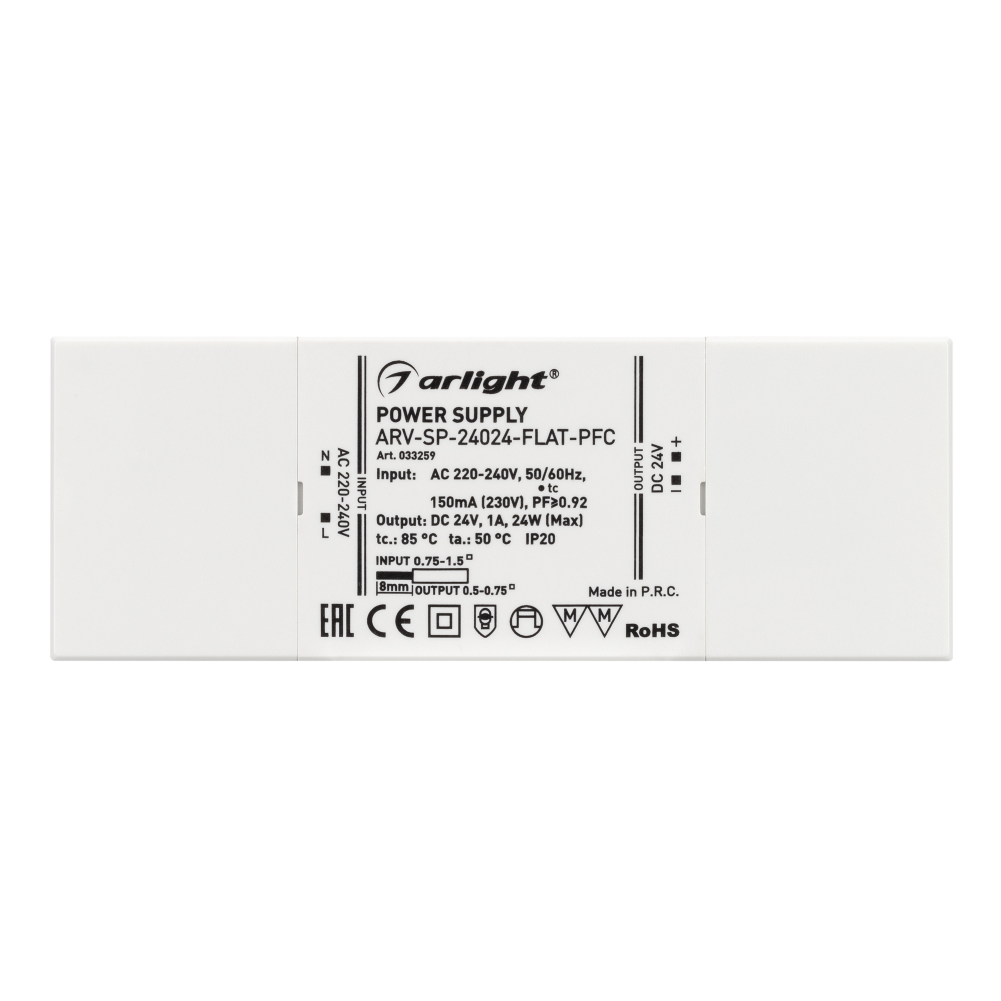 Блок питания ARV-SP-24024-FLAT-PFC (24V, 1A, 24W) (Arlight, IP20 Пластик, 5 лет) 033259