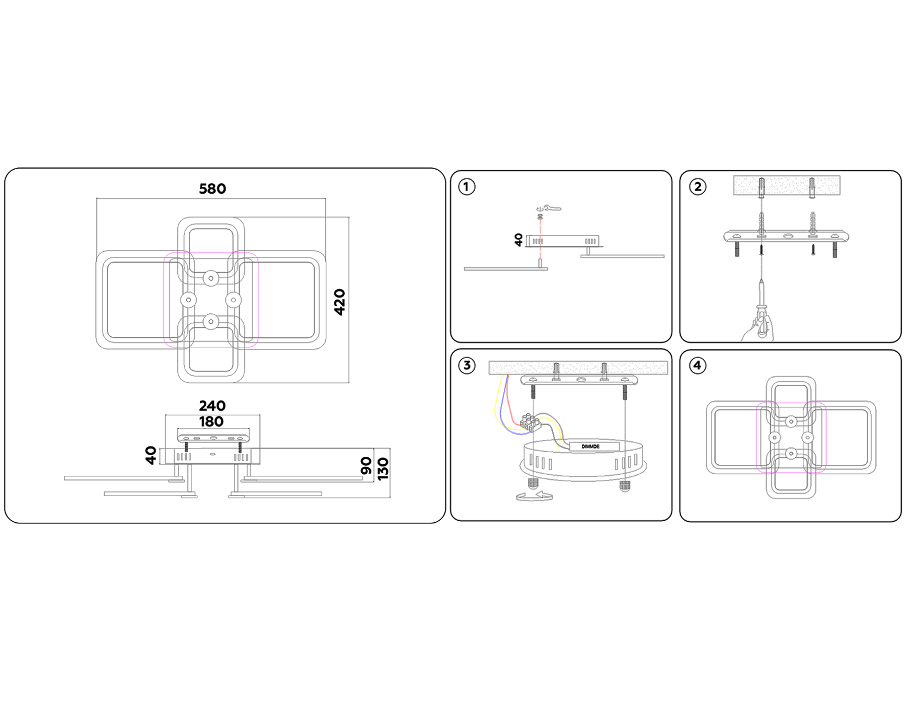 Потолочный светодиодный светильник с пультом FA531/2+2 BK черный 105W 580*420*130 (ПДУ РАДИО 2.4G)