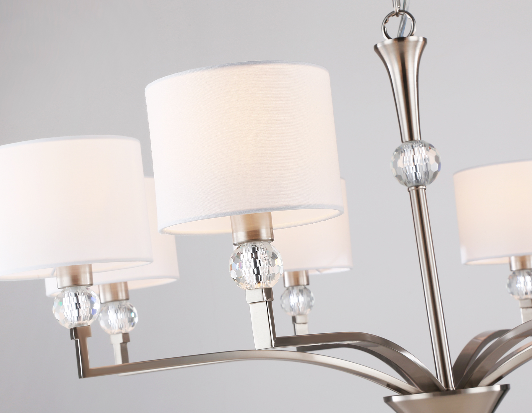 Подвесная люстра с абажурами и хрусталем LH71123/8 SN/WH никель/белый E14/8 max 40W D840*880