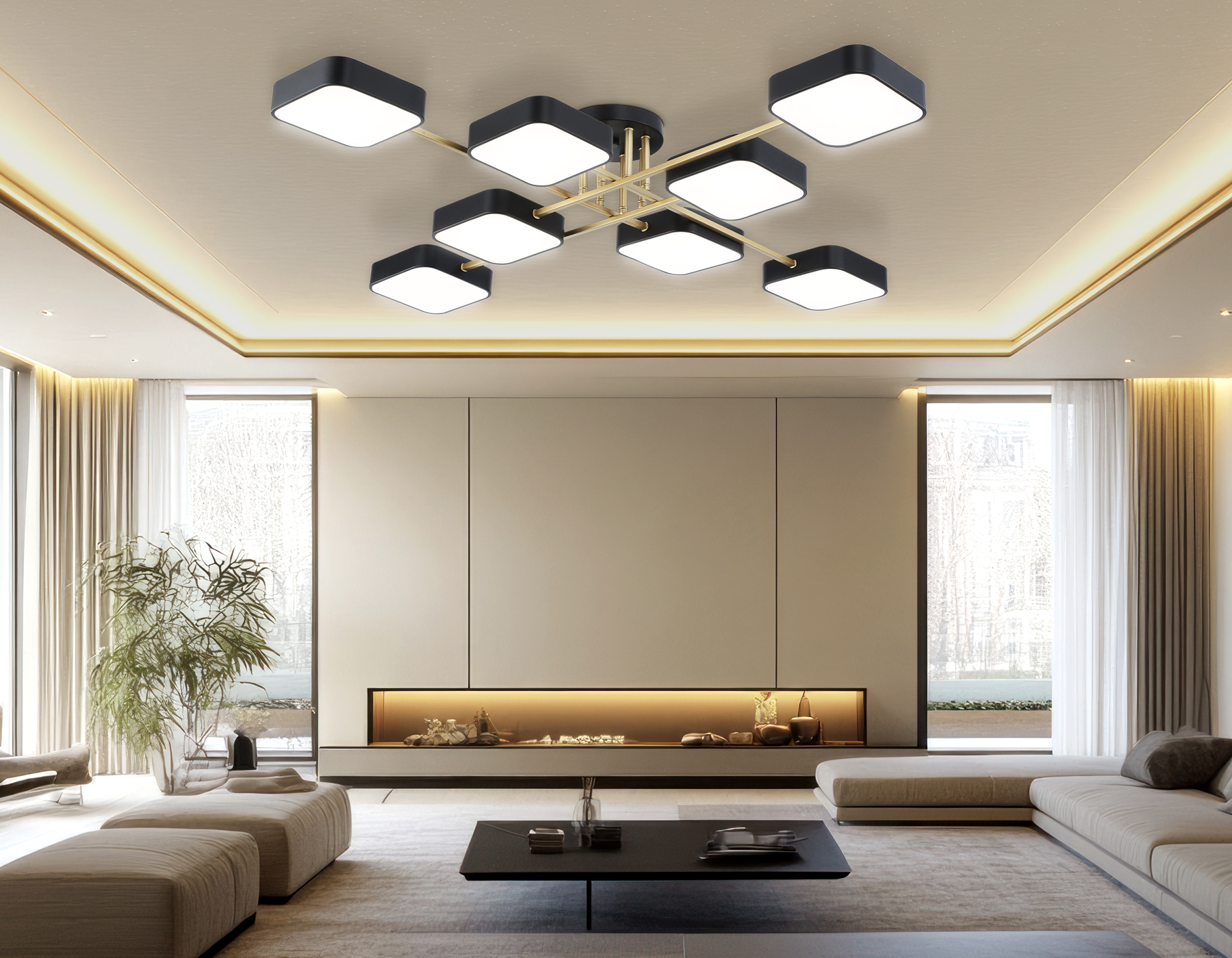 Люстра светодиодная на штанге FL516348/8 BK/GD черный/золото 144W 3000-6000K 1060*1060*150 (без ПДУ)