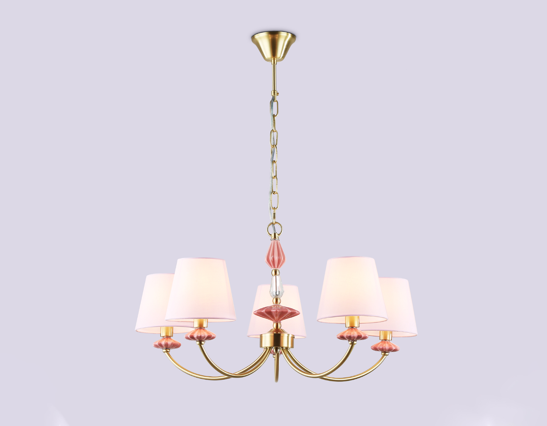 Подвесная люстра с абажуром и декором из керамики LH75024/5 GD/PI золото/розовый E14/5 max 40W D700*780
