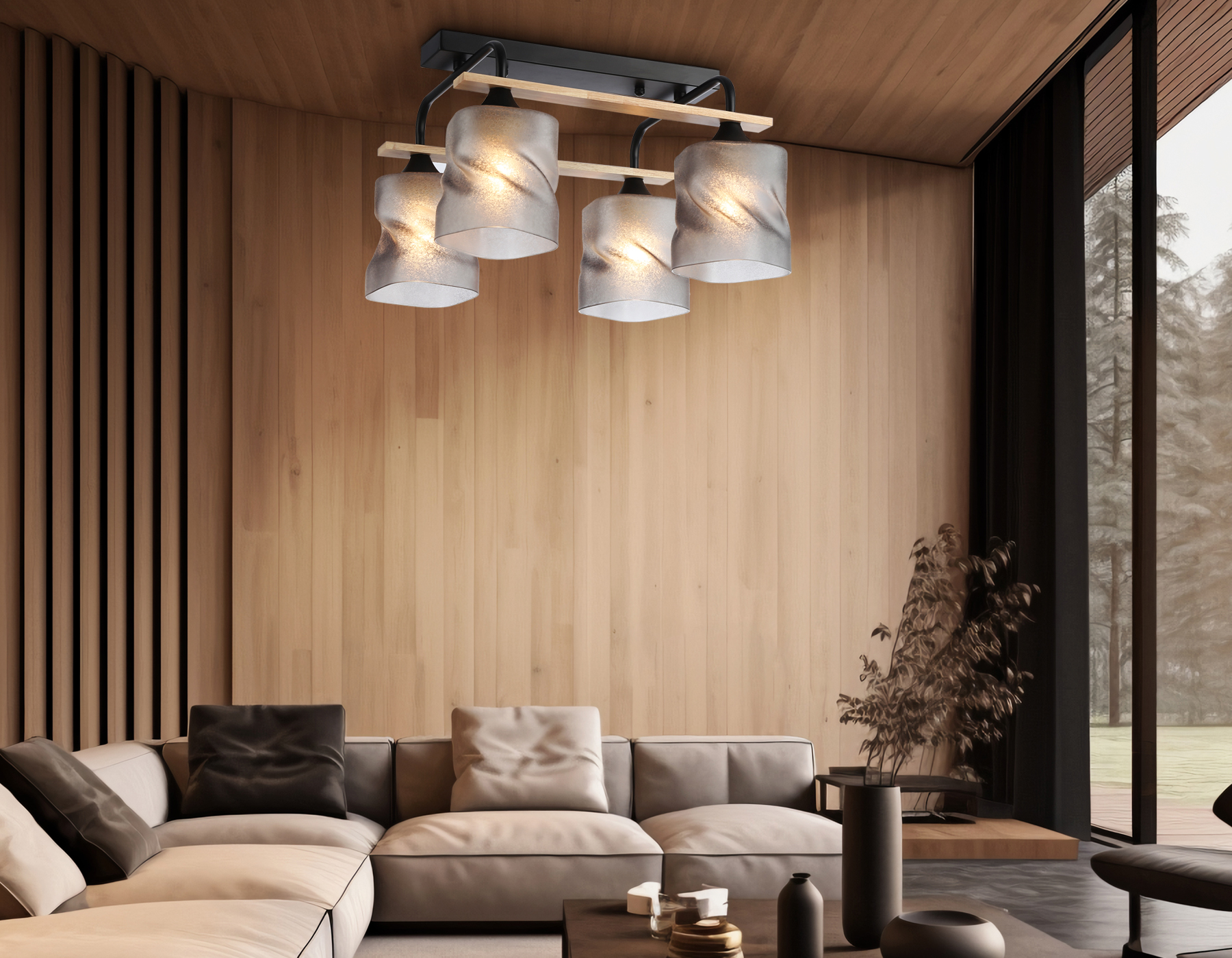 Светильник потолочный со стеклянными плафонами TR3033249/4 BK/WD черный/дерево E27/4 max 60W 340*340*245