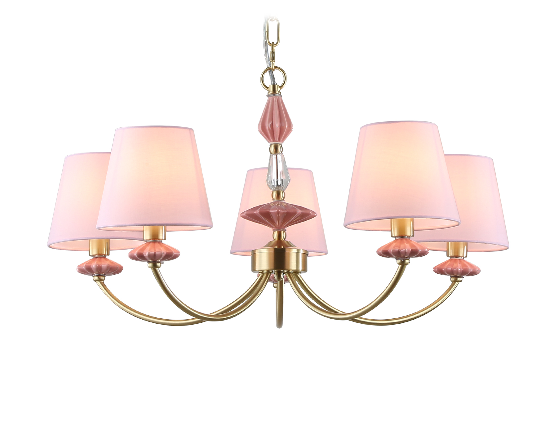Подвесная люстра с абажуром и декором из керамики LH75024/5 GD/PI золото/розовый E14/5 max 40W D700*780